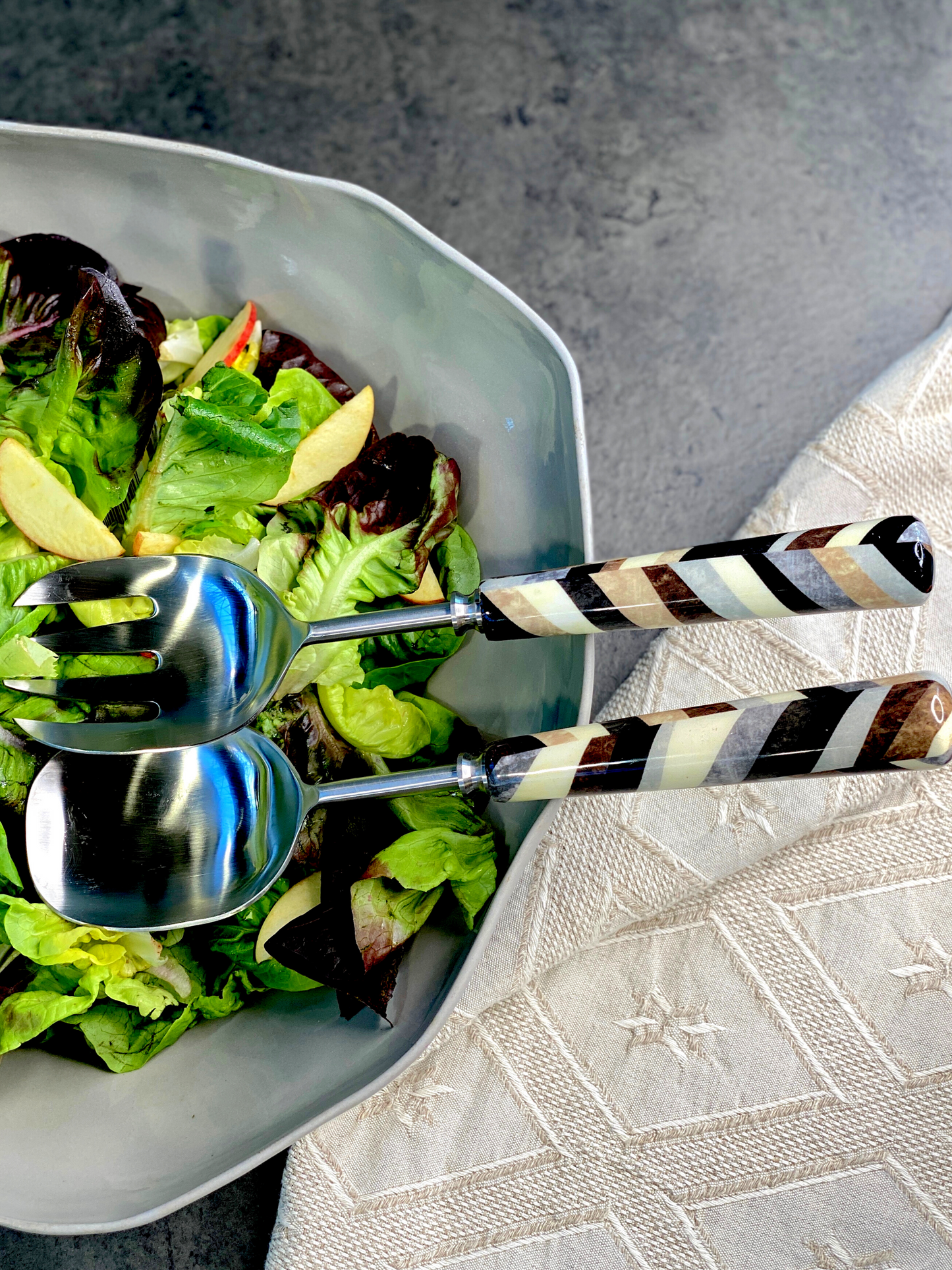 Stainless Steel & Hand Painted Wood 2 Pc Salad Servers Set
