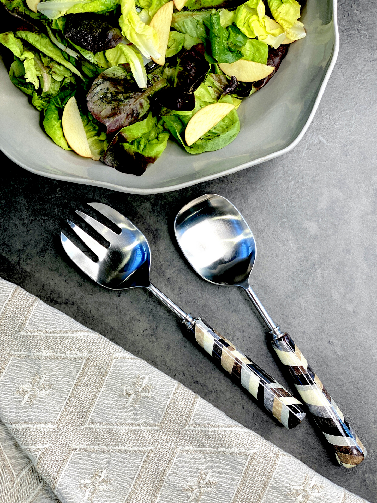 2 Pc Salad Servers Stainless Steel & Hand Painted Wood 28 cm