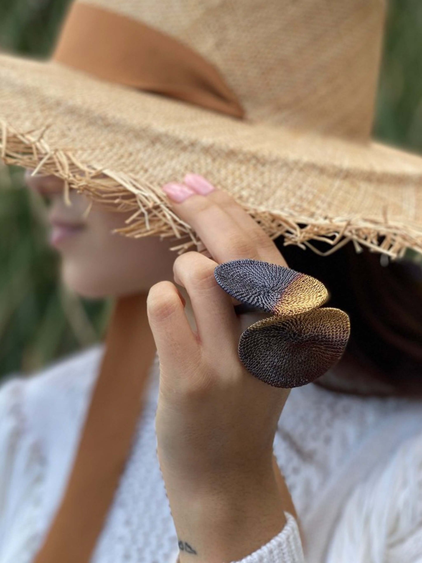 Twin Sun Disk Metallic Mesh Ring by Milena Zu