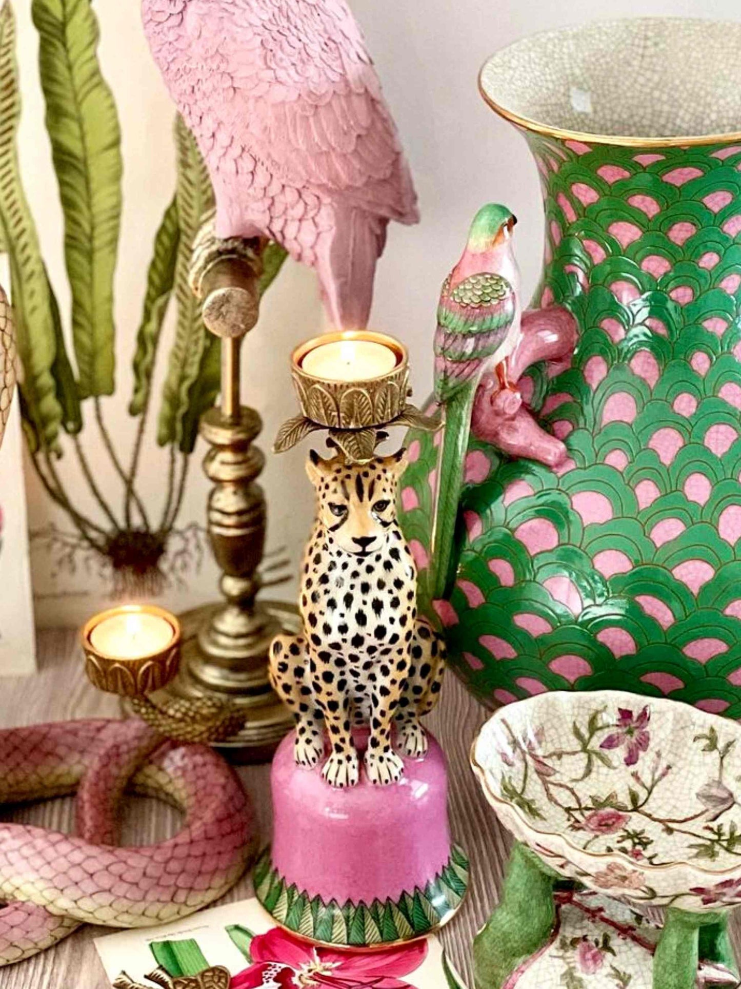 Porcelain Candle Holder Jungla Jaguar Sculpture by C.A.M 29.5cm