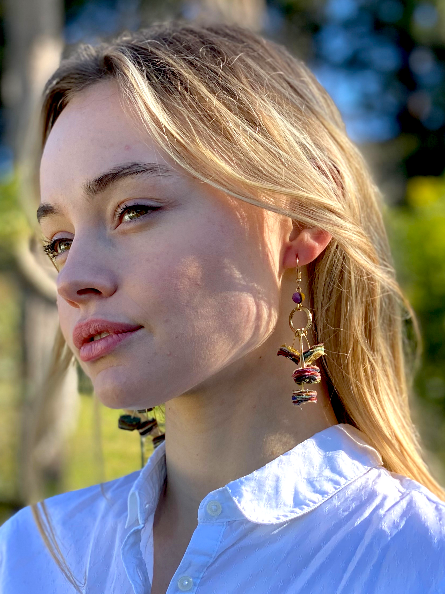 Aries Gold Raindrop Multicoloured Fabric Earrings