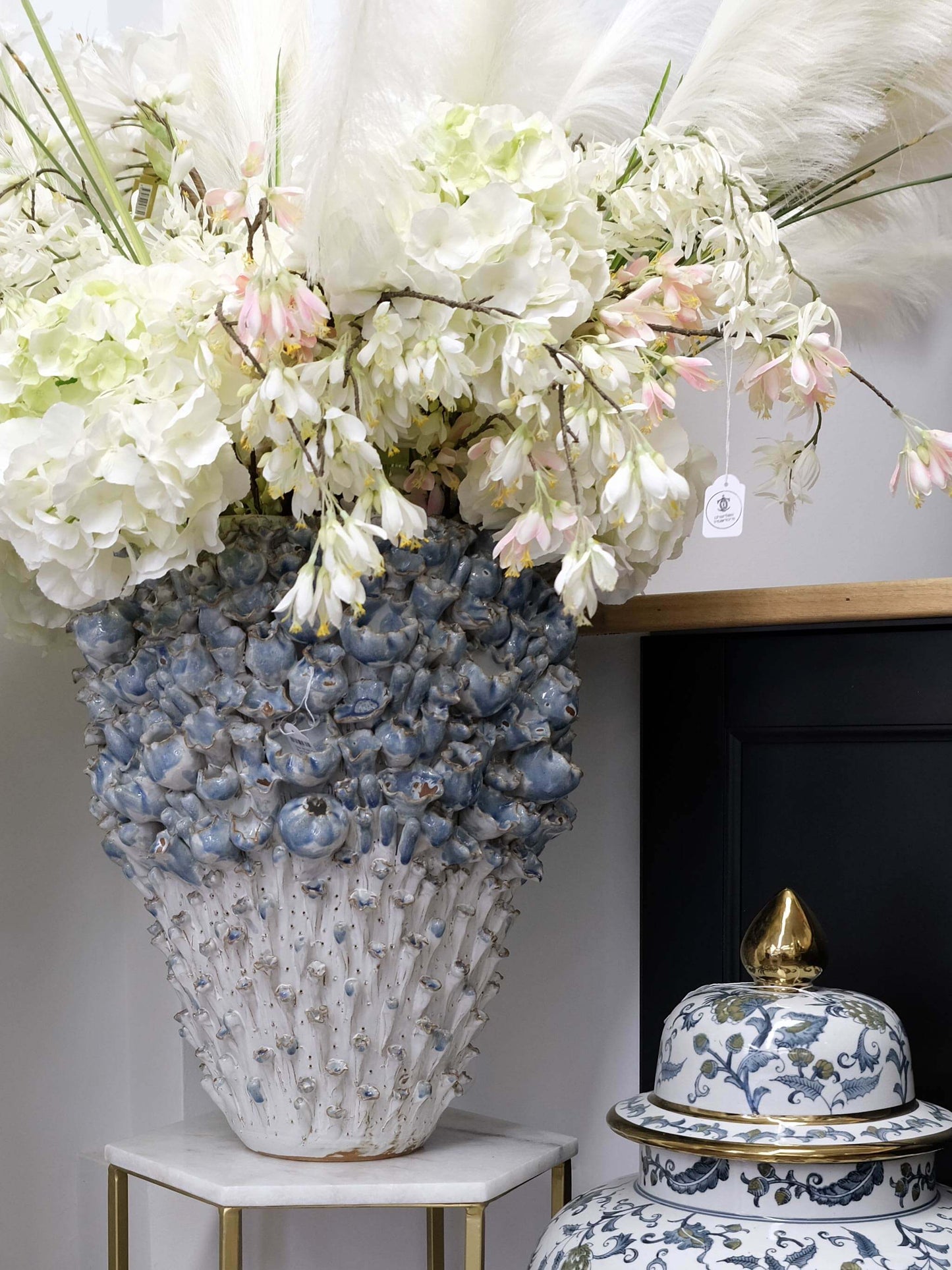 Vase Ceramic White with Hand-crafted Blue Flowers - Shop Charlies Interiors