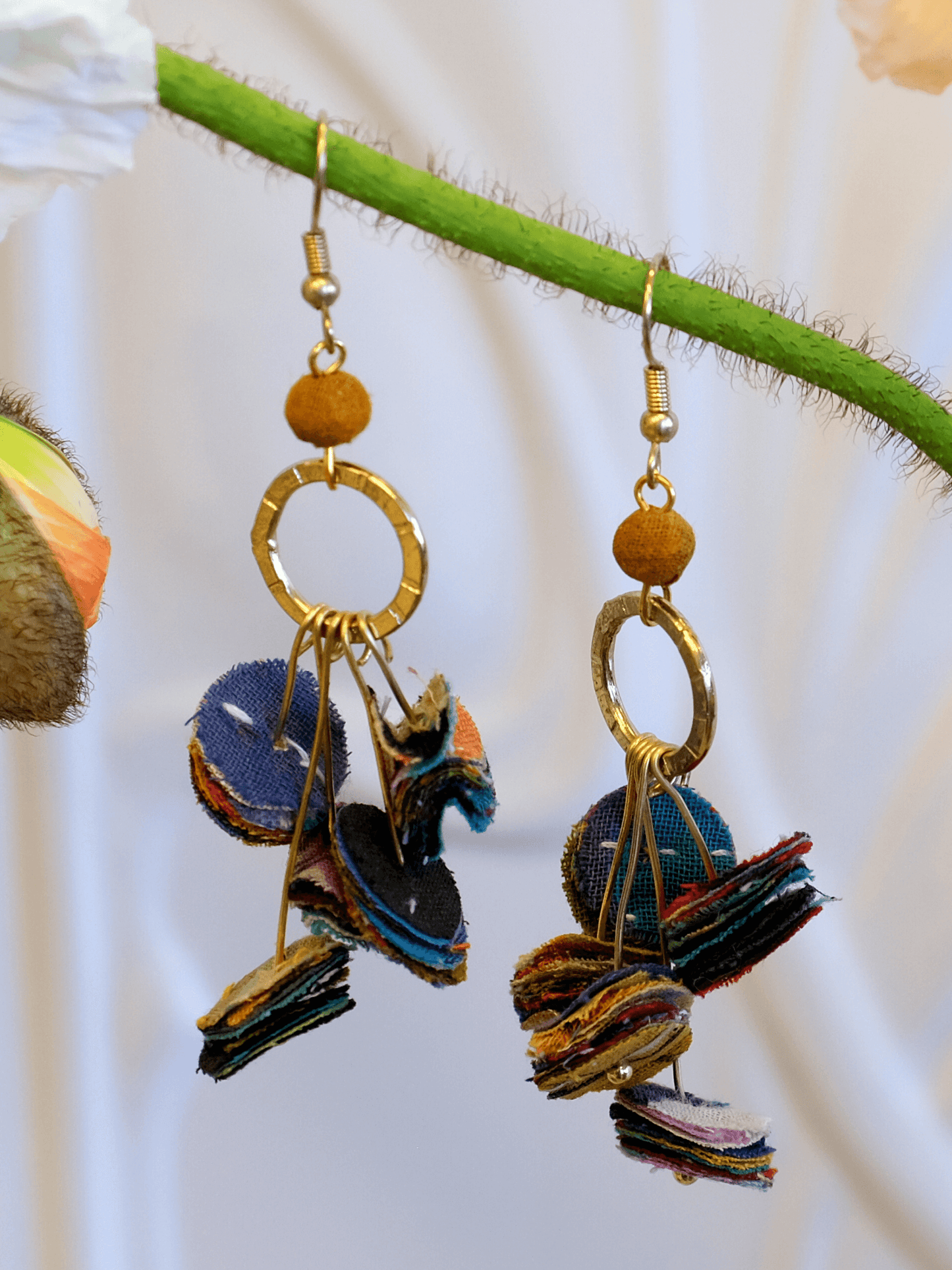 Aries Gold Raindrop Multicoloured Fabric Earrings