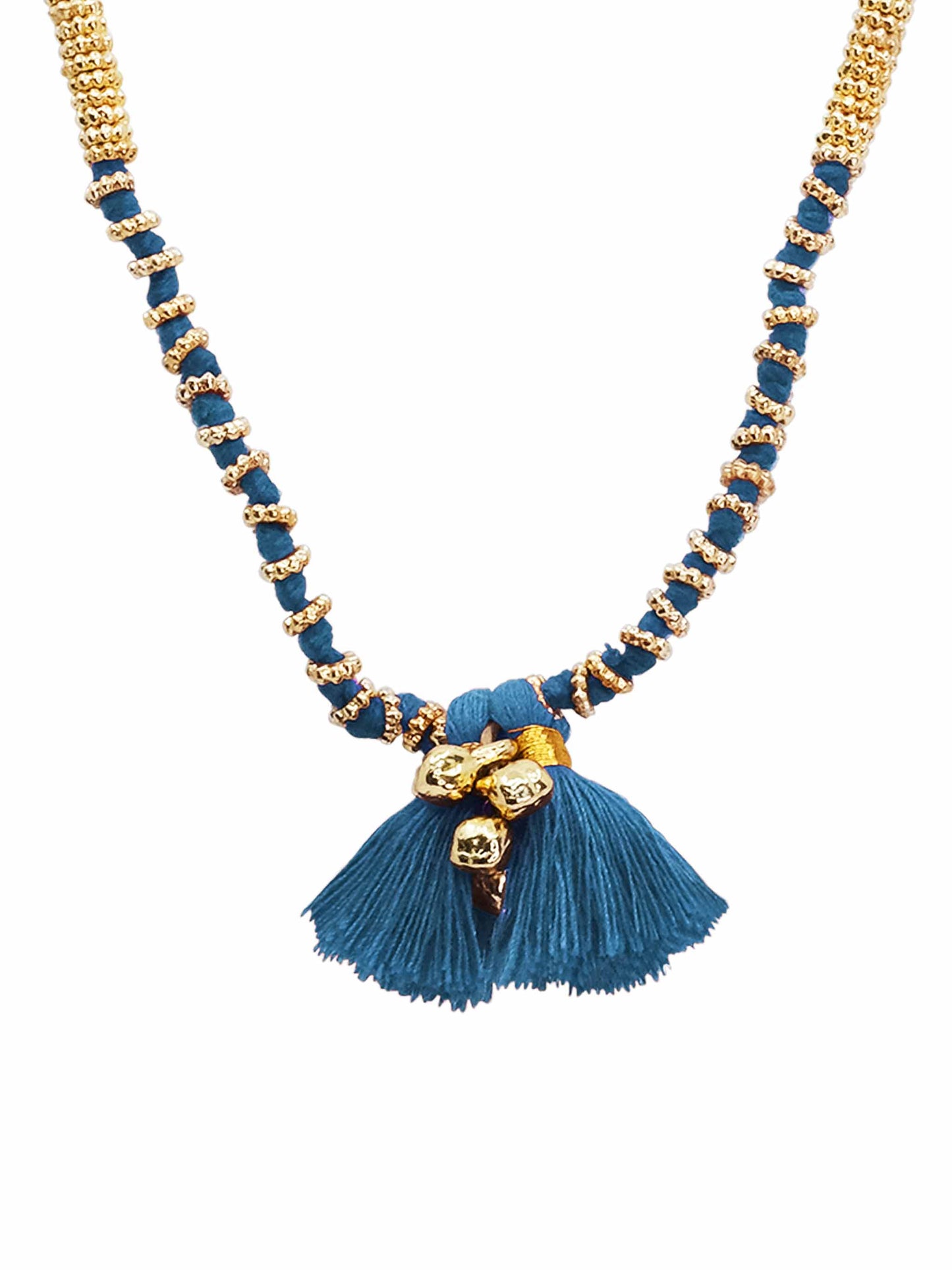 Lariya Gold Tone Beaded Long Necklace with Teal Blue Tassels