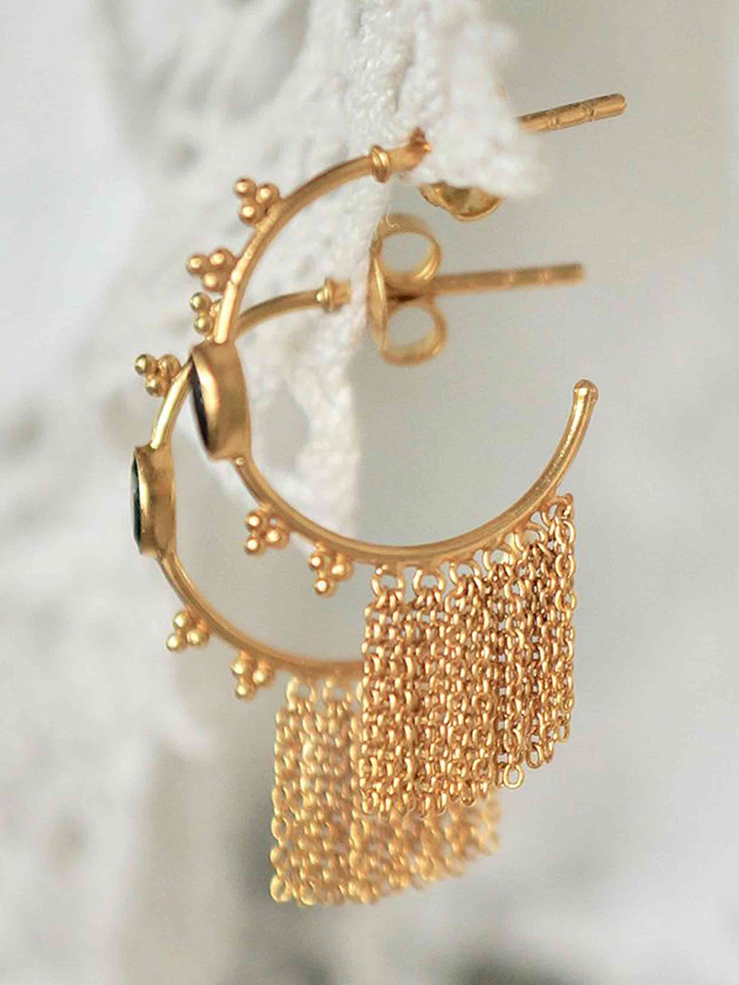 Me First Black Onyx Gold Plated Chain Hoop Earrings by Monsieur Blonde