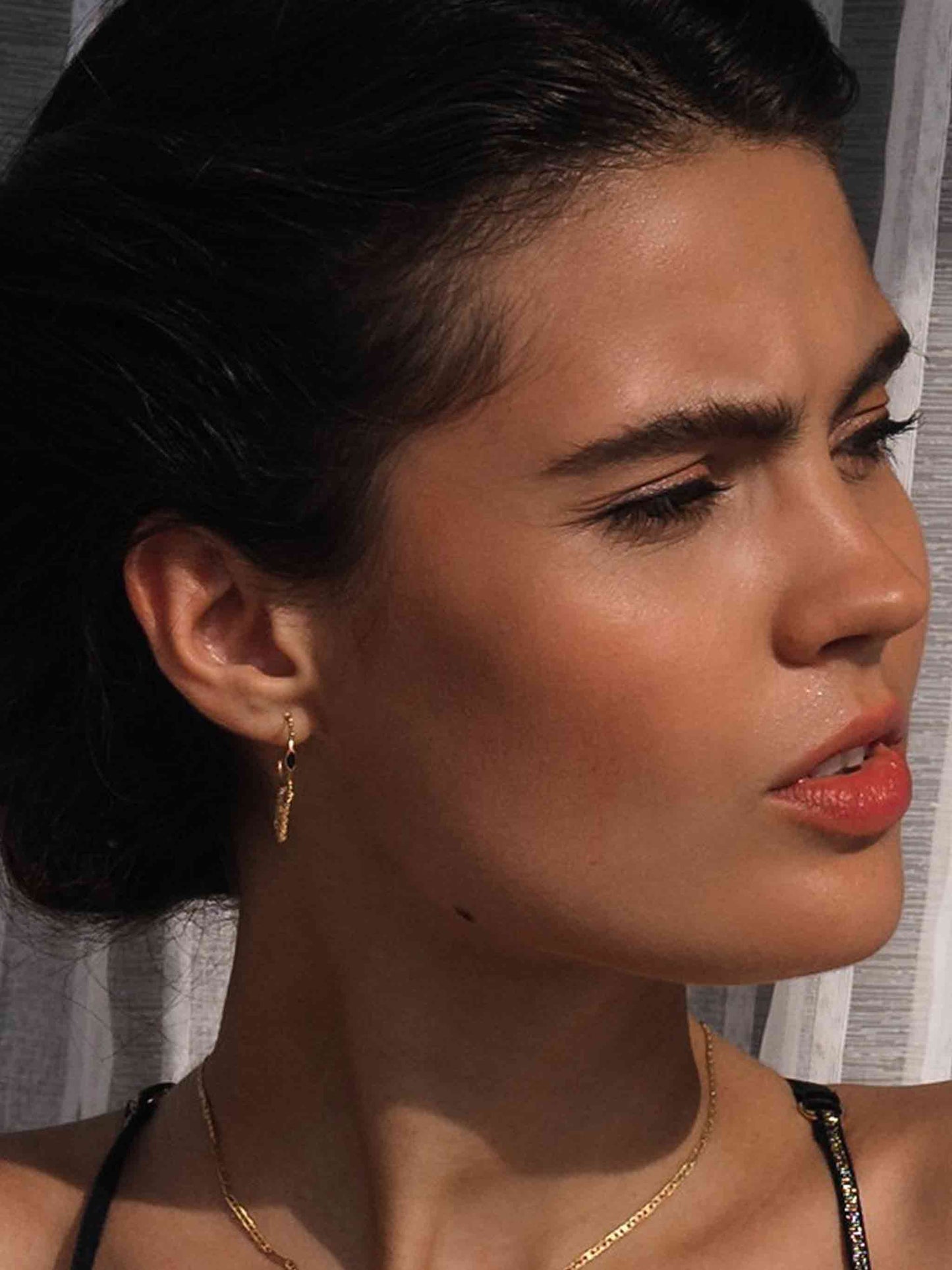 Marquise Black Onyx Gold Plated Chain Hoop Earrings by Monsieur Blonde