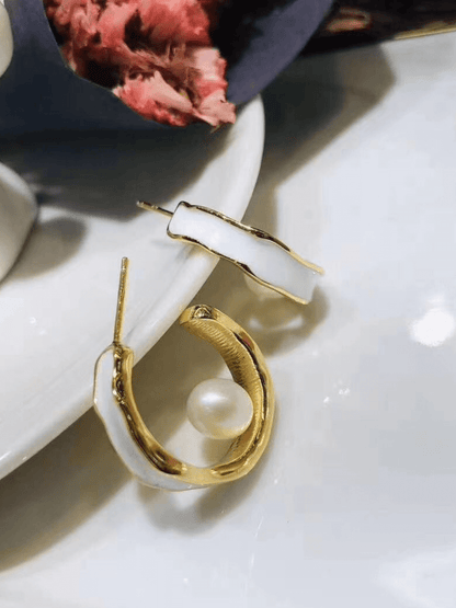 Gold & White Introvert Hoop Earrings with Fresh Water Pearls - Shop Charlies Interiors