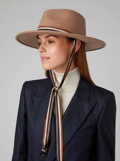 Caramel Fedora Stripe Tie Wool Hat