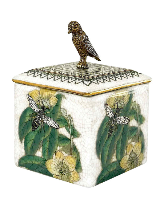 Heirloom Porcelain Trinket Box with Jardiner Brass Bird Lid by C.A.M