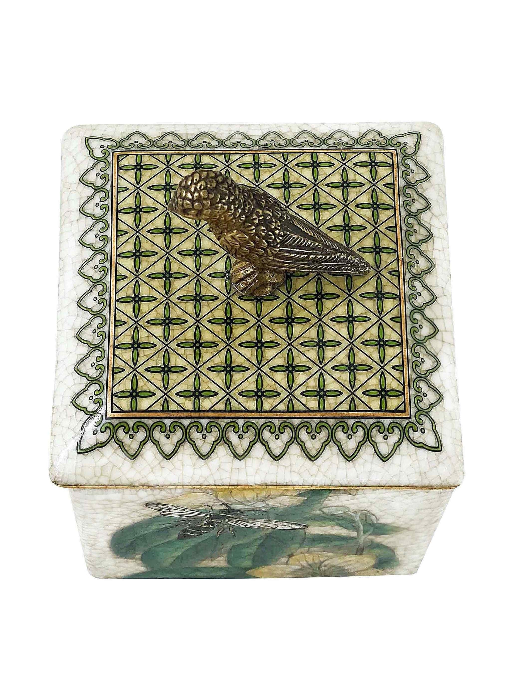 Porcelain Trinket Box Heirloom with Brass Bird Lid by C.A.M