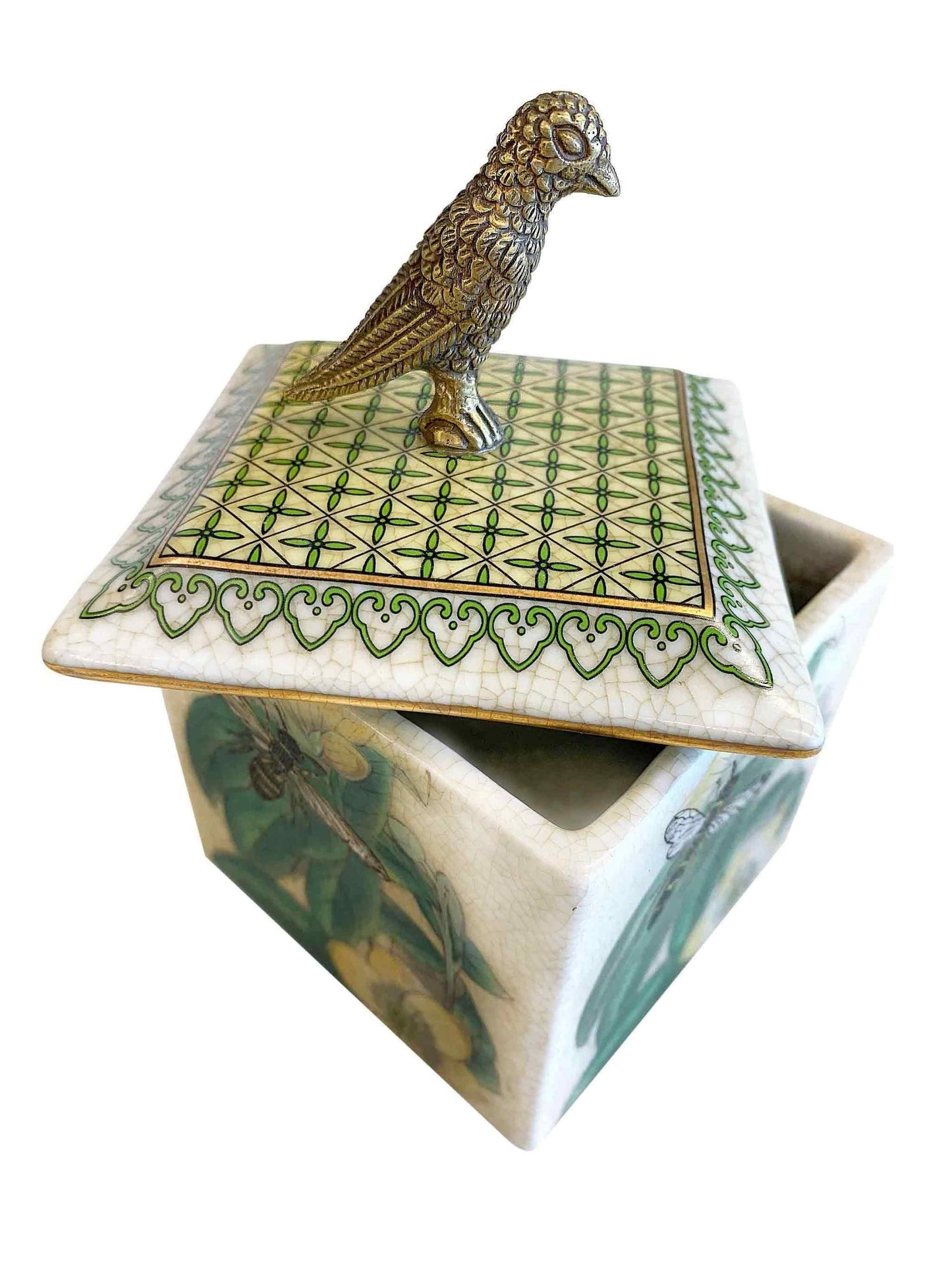 Porcelain Trinket Box Heirloom with Brass Bird Lid by C.A.M