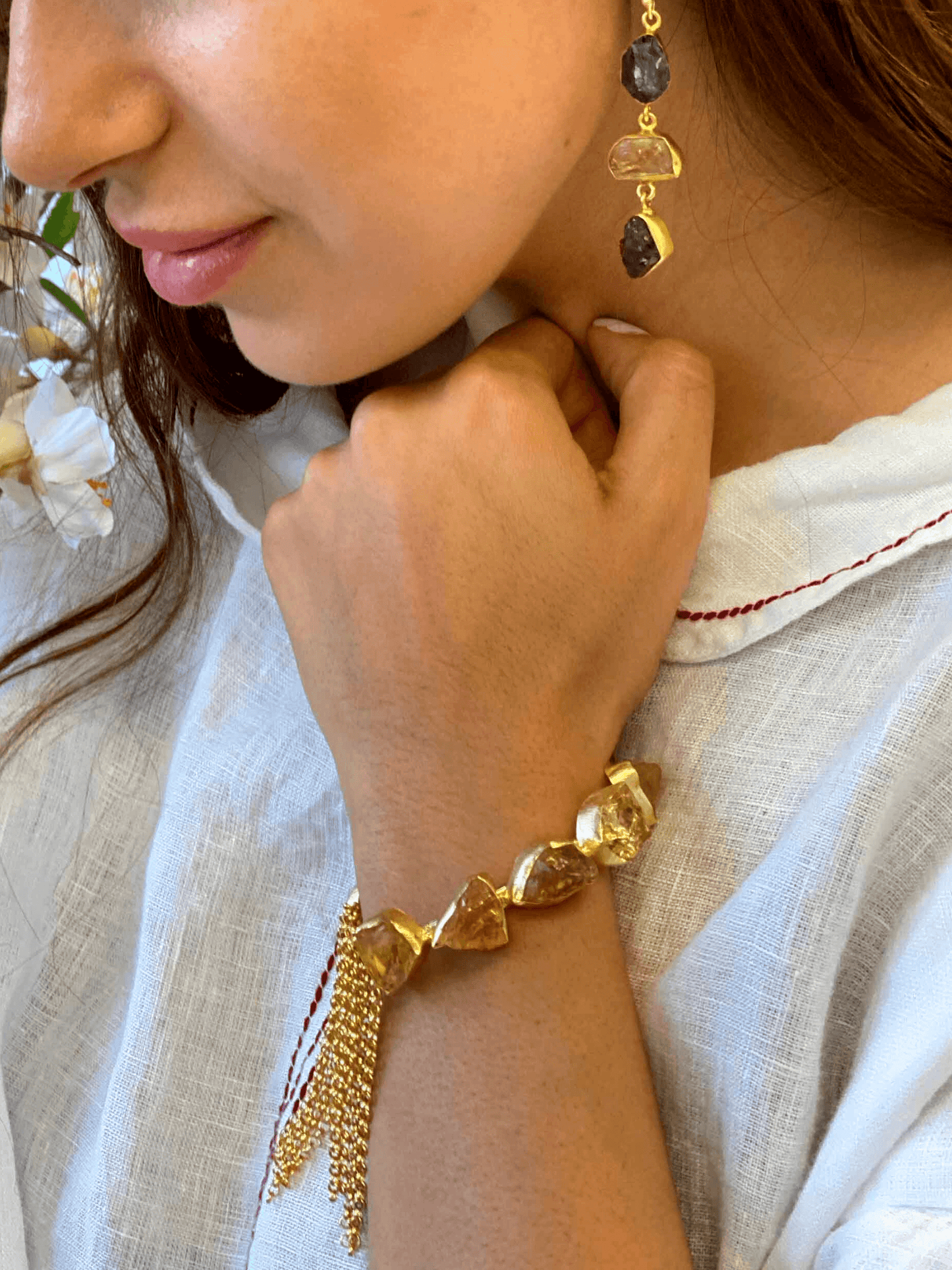 Embellished Gemstone Chain Fringe Gold Cuff Bangle Bracelet- Shop Charlies Interiors