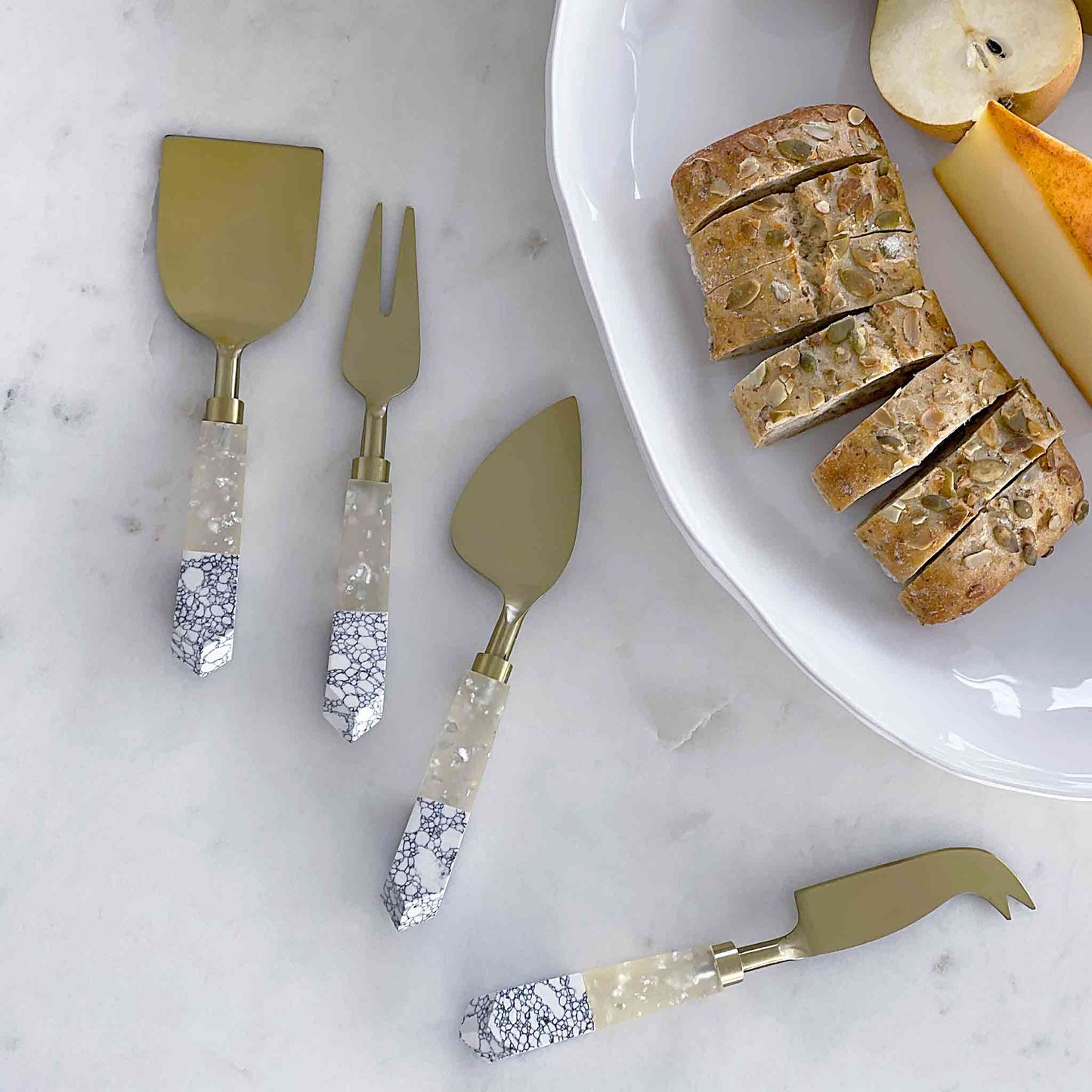 2 Piece Gold Cheese Knife Set White Marble & Resin