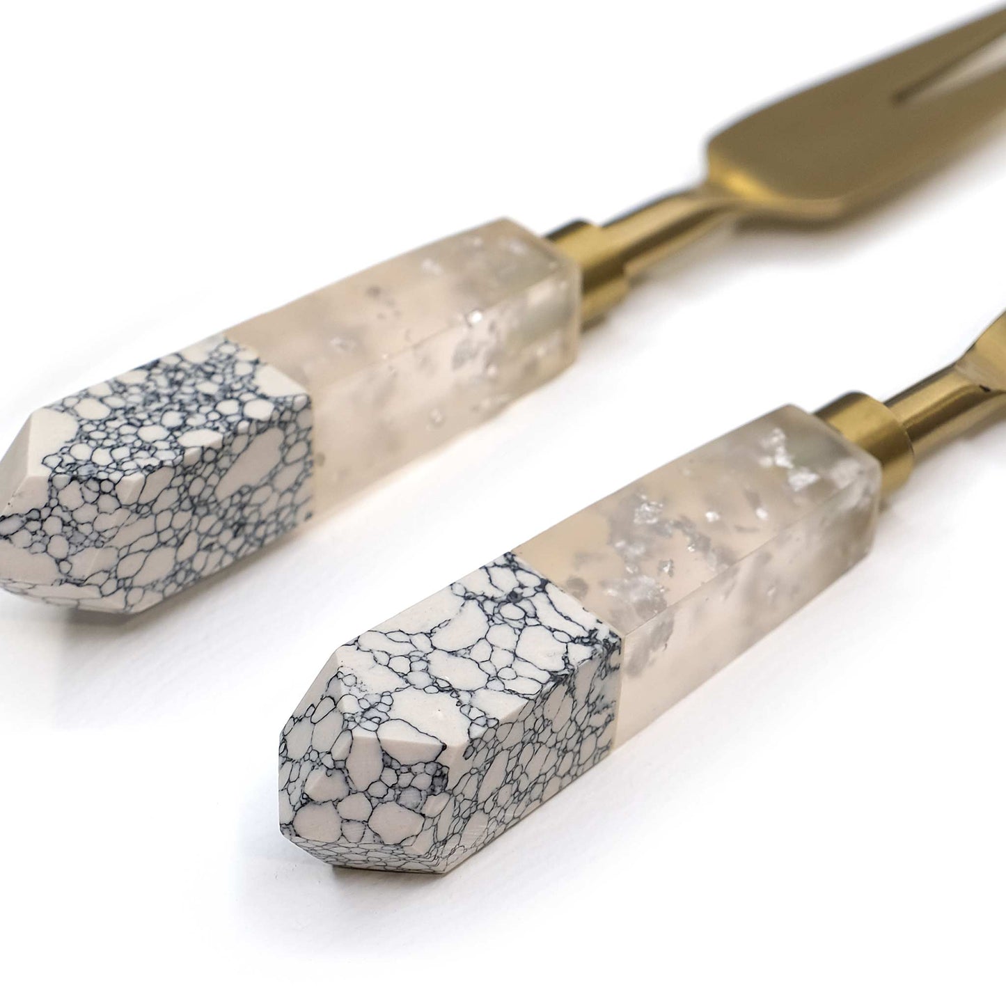 2 Pc Gold Cheese Knife Set White Marble & Resin