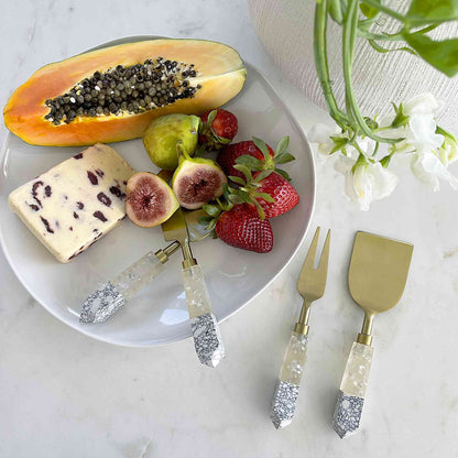 2 Pc Gold Cheese Knife Set White Marble & Resin