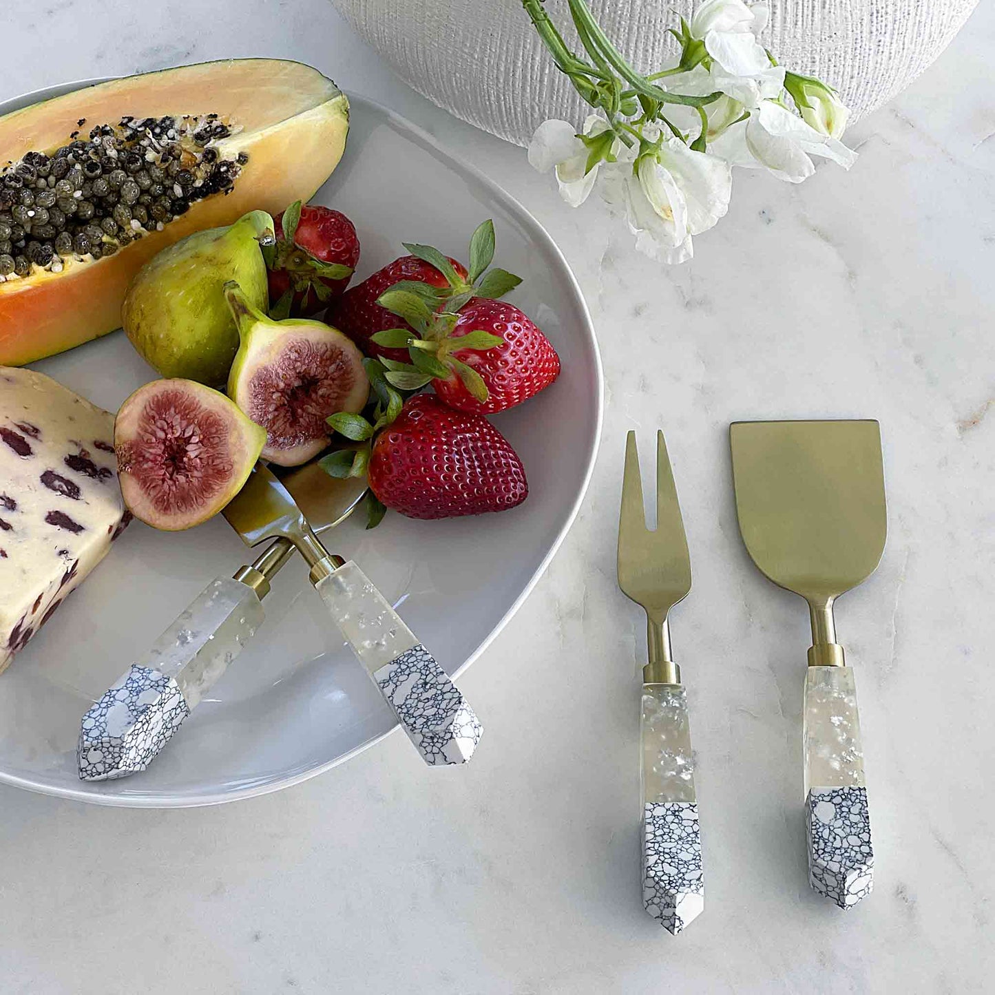 2 Pc Gold Cheese Knife Set White Marble & Resin