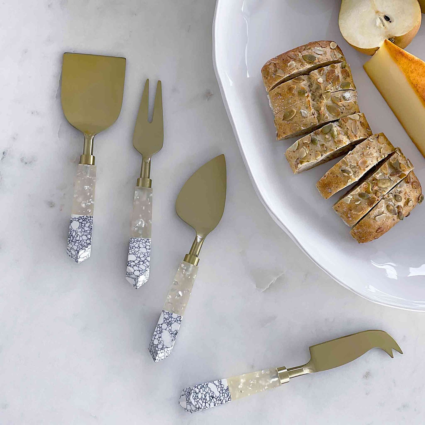 2 Pc Gold Cheese Knife Set White Marble & Resin