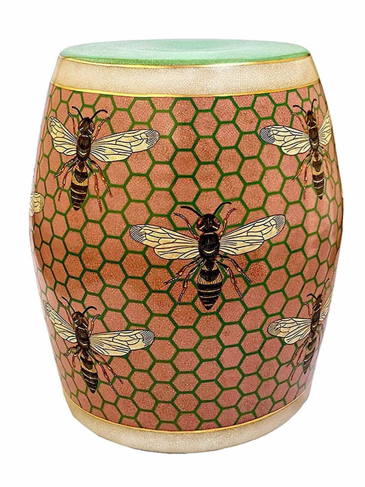 Porcelain Stool Jardiner Abeille with Bee Honeycomb Print by C.A.M