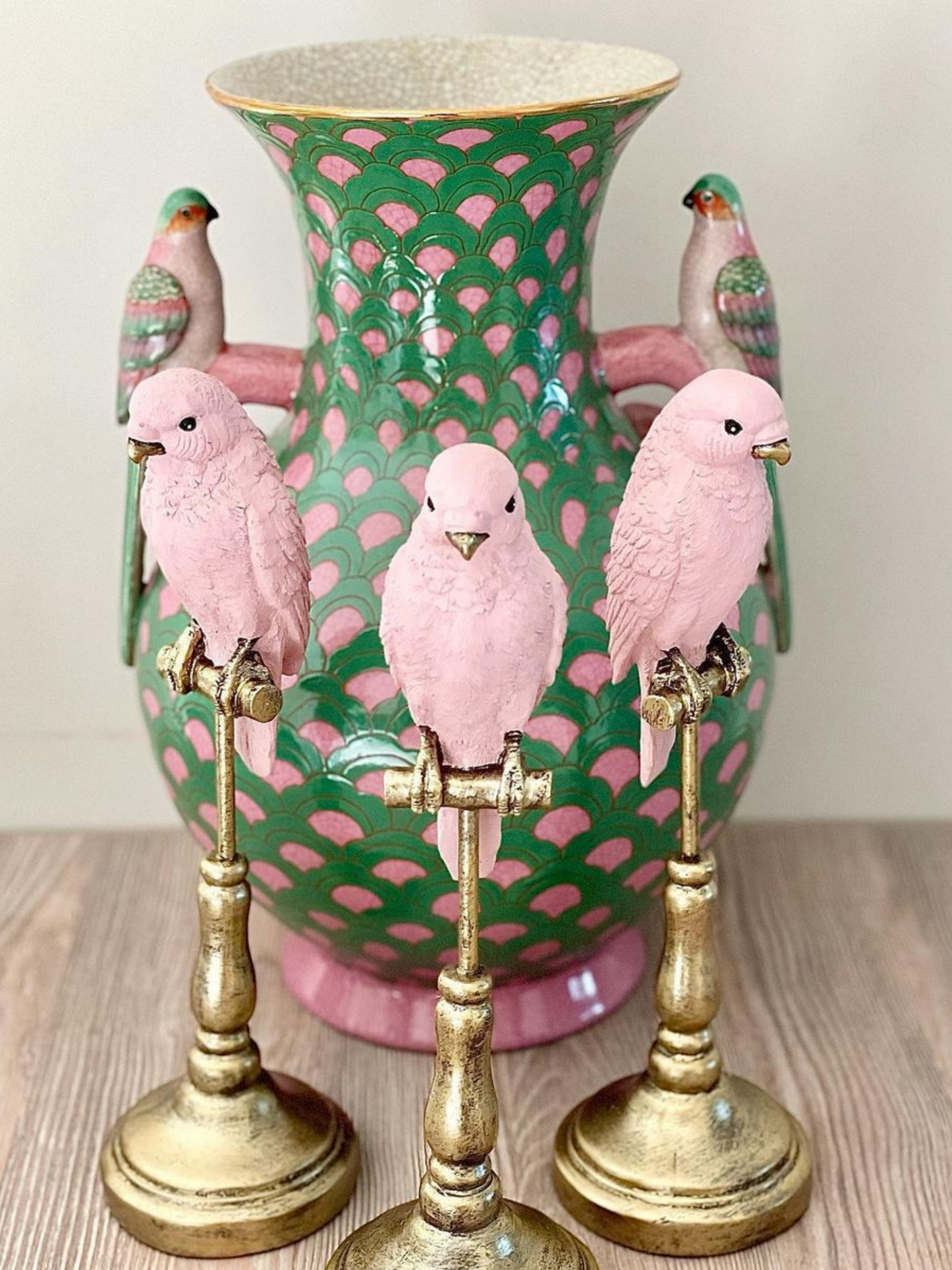 Isla Pink and Green Print Bird Sculpture Porcelain Vase by C.A.M