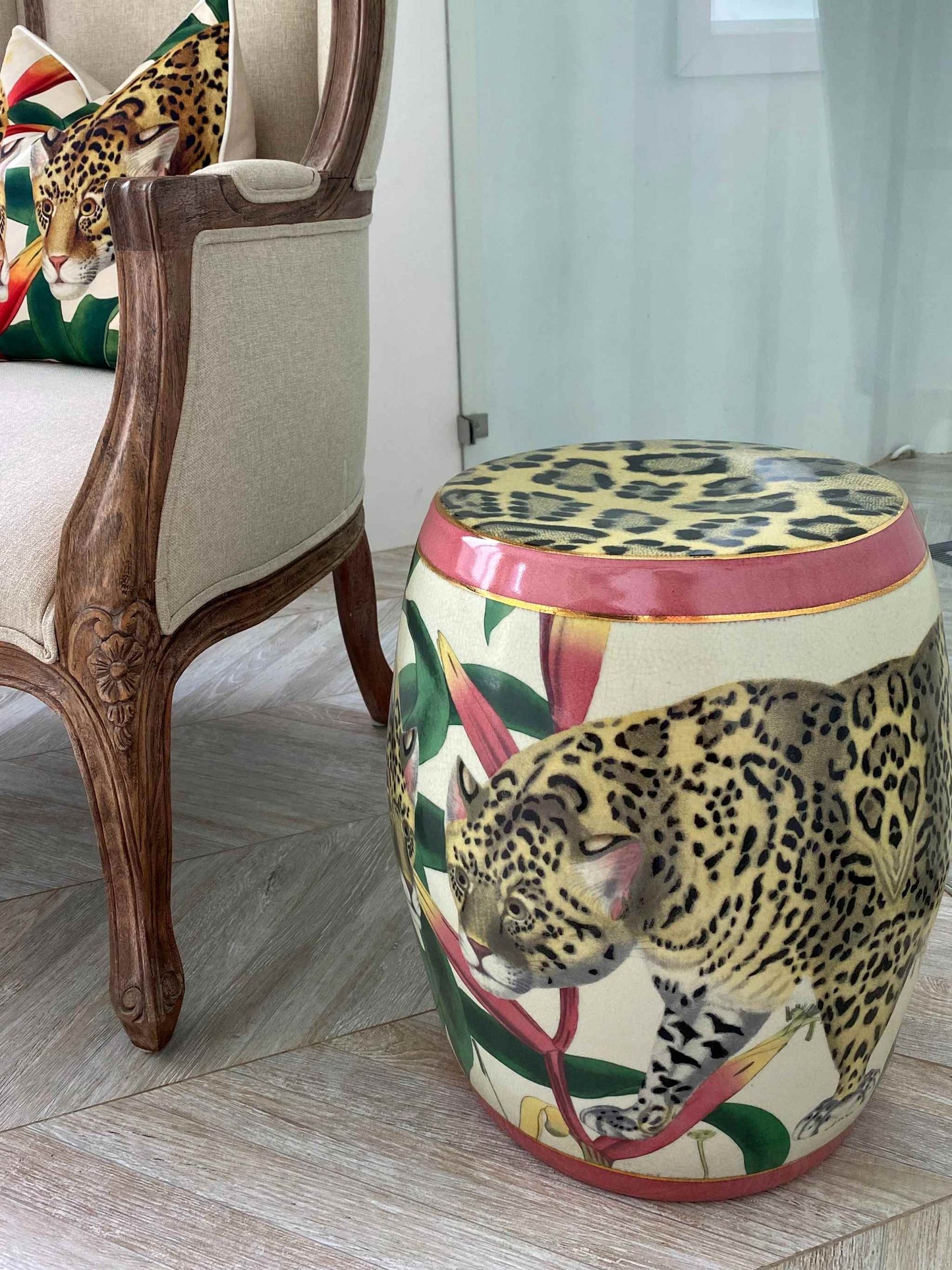 Fine Porcelain Decorative Stool with Jaguar Print by C.A.M. - Shop Charlies Interiors
