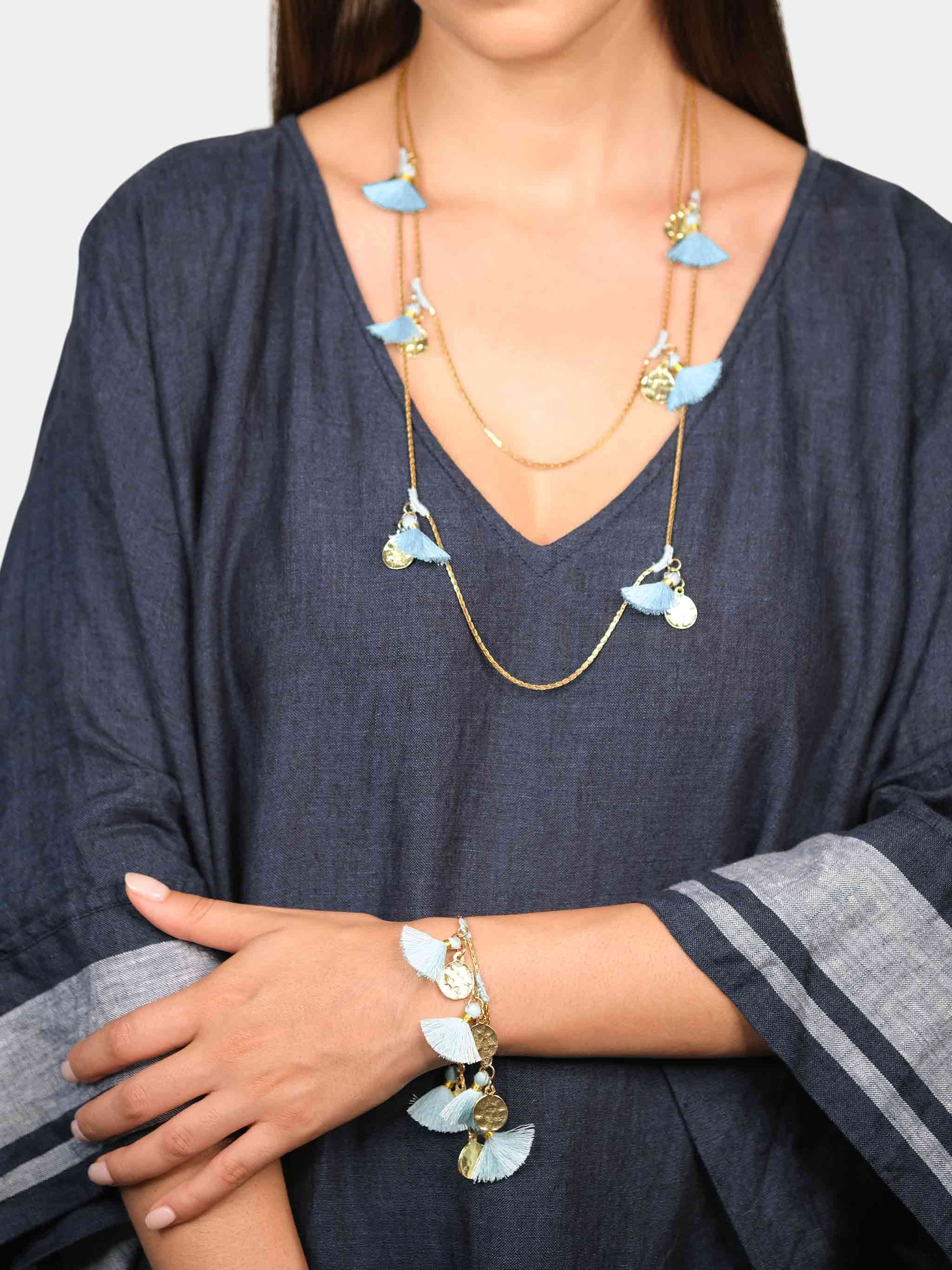 Forever Fringe Long Gold Necklace with Candy Blue Tassels