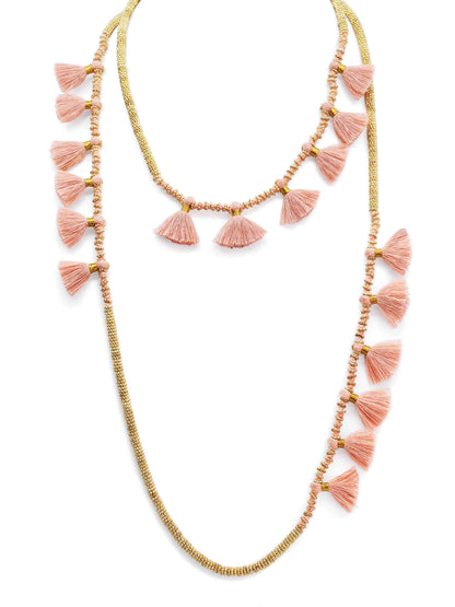 Celina Gold Tone Long Necklace with Peach Tassels