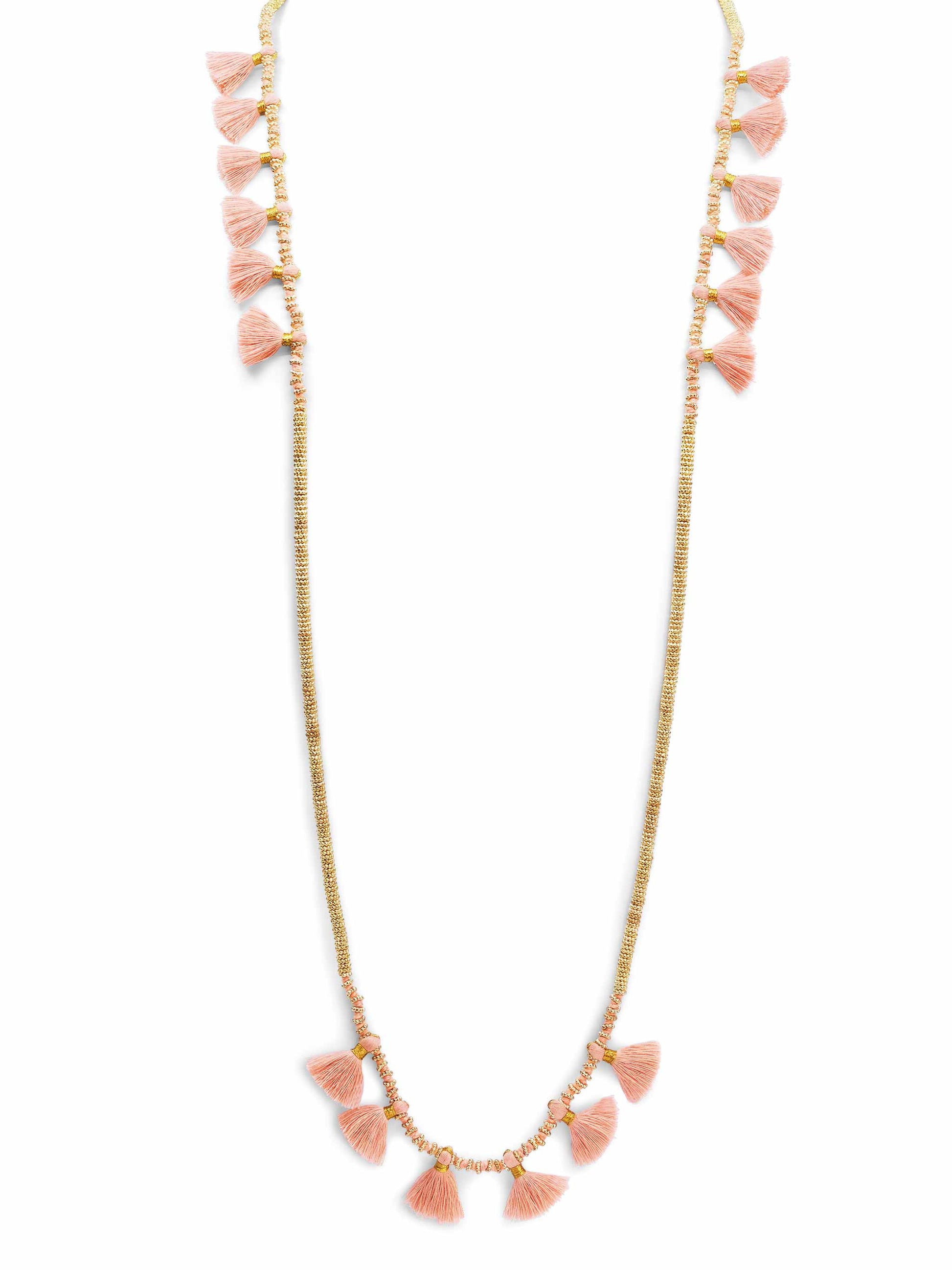 Bohemian Pink Fringe & Gold Necklace with Peach Tassels