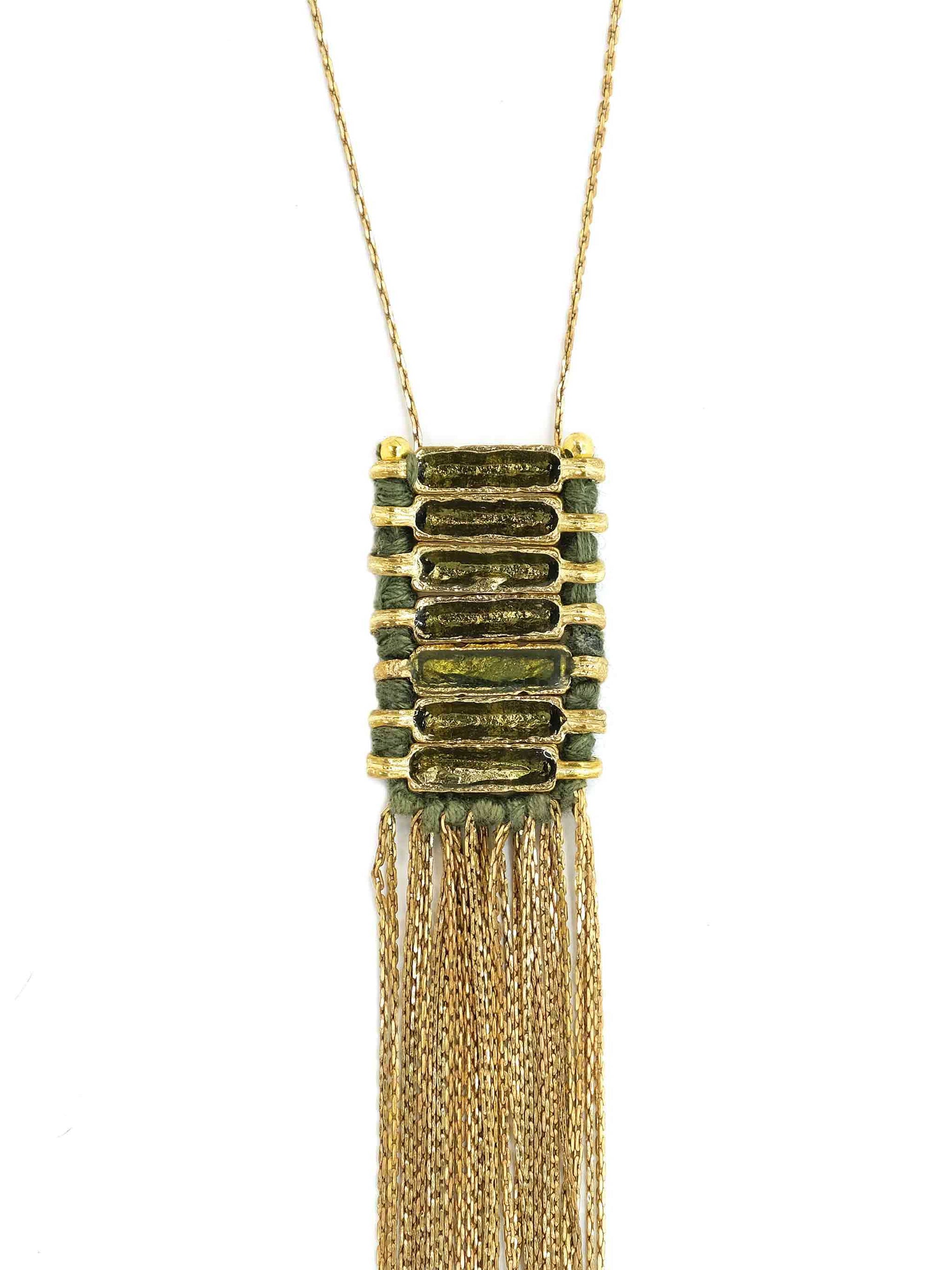 Khaki Enamel Pendant Necklace with Gold Fringing