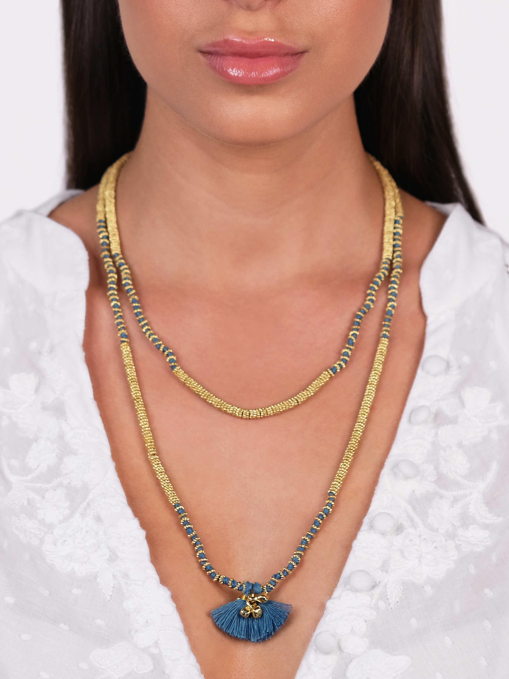 Lariya Gold Tone Beaded Long Necklace with Teal Blue Tassels