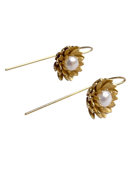 Lotus Flower Hook 18k Gold Plated Blossom Earrings with Freshwater Pearls by YI SU