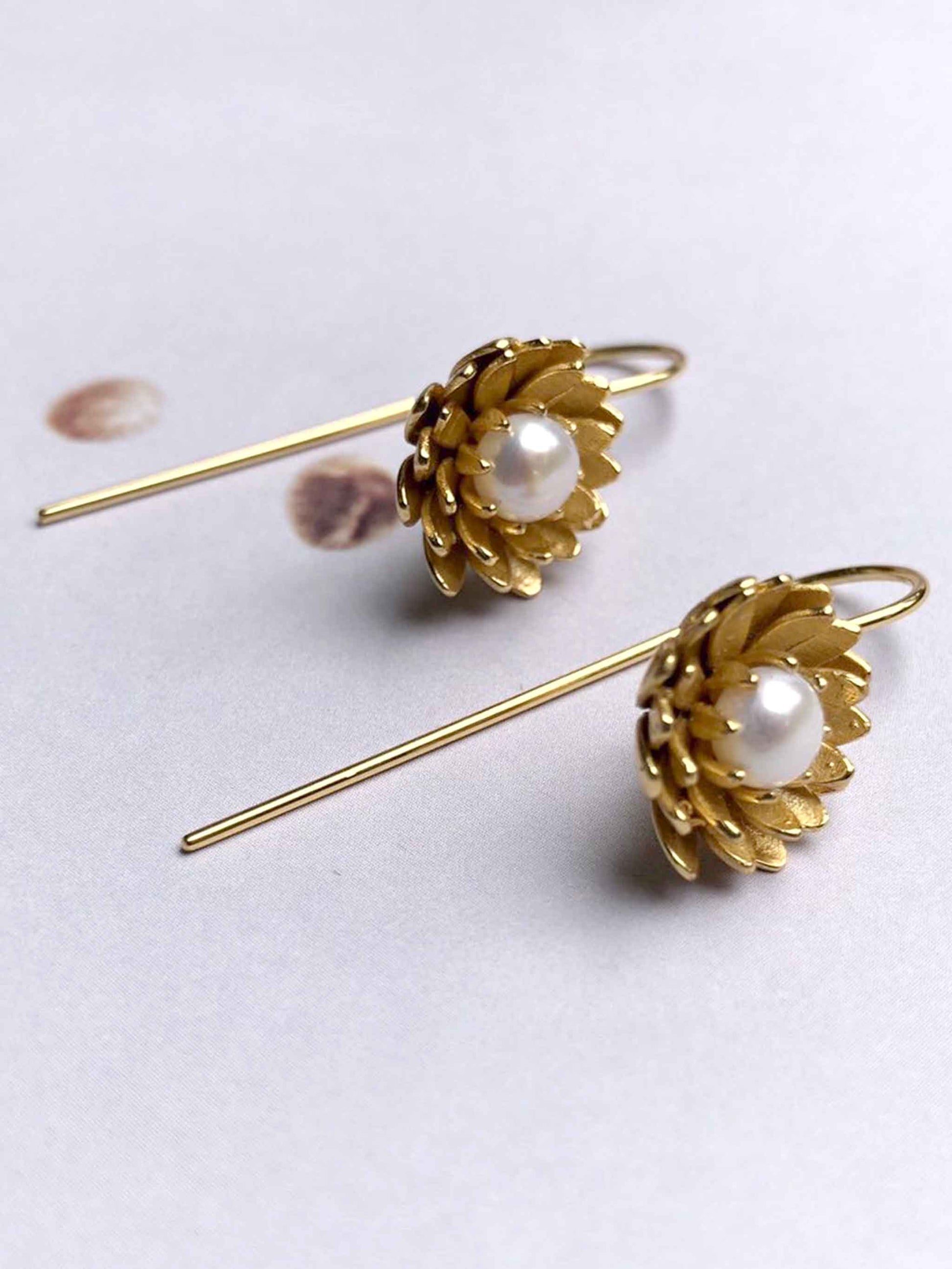 Lotus 18k Gold Plated Blossom Hook Earrings with Freshwater Pearls by YI SU