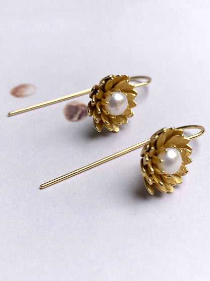Lotus 18k Gold Plated Blossom Hook Earrings with Freshwater Pearls by YI SU