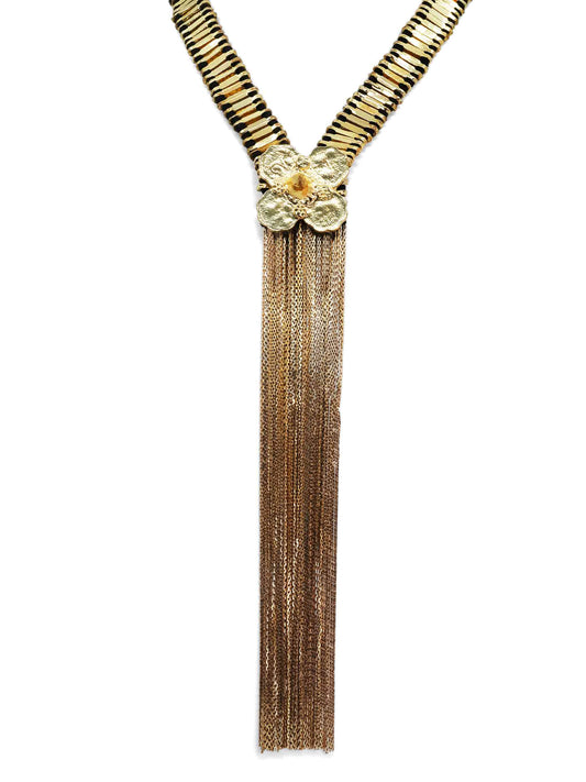 Lucky Goddess Flower Vermeil Chain Fringe Necklace with Black Cords