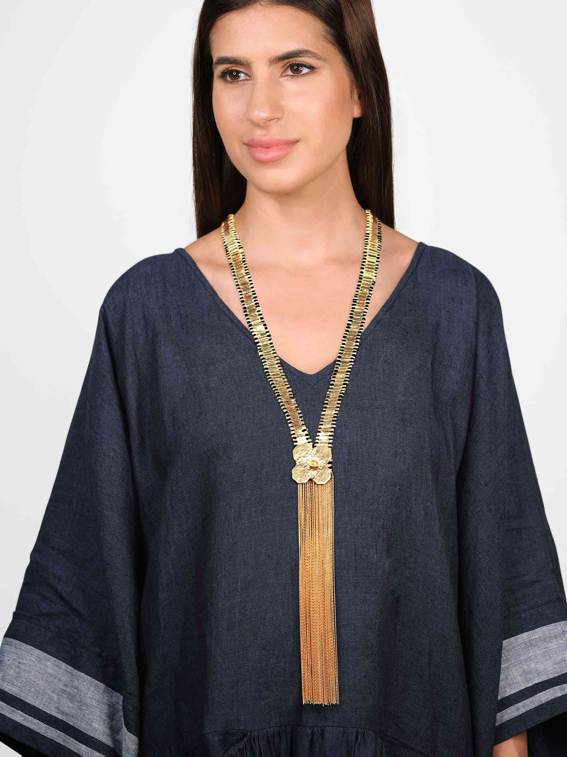 Lucky Goddess Flower Vermeil Chain Fringe Necklace with Black Cords