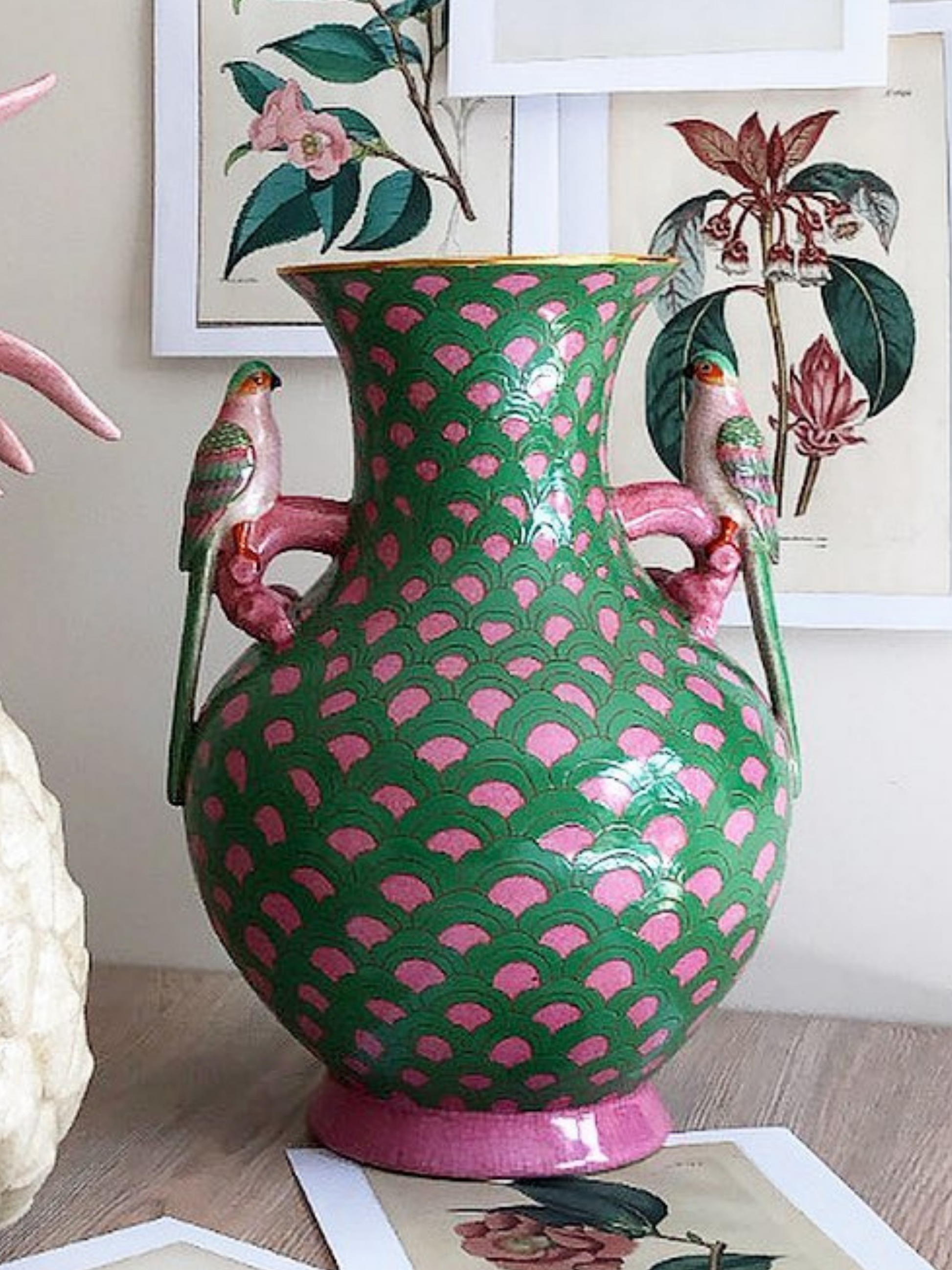 Scale Pink and Green Print Bird Sculpture Porcelain Vase by C.A.M