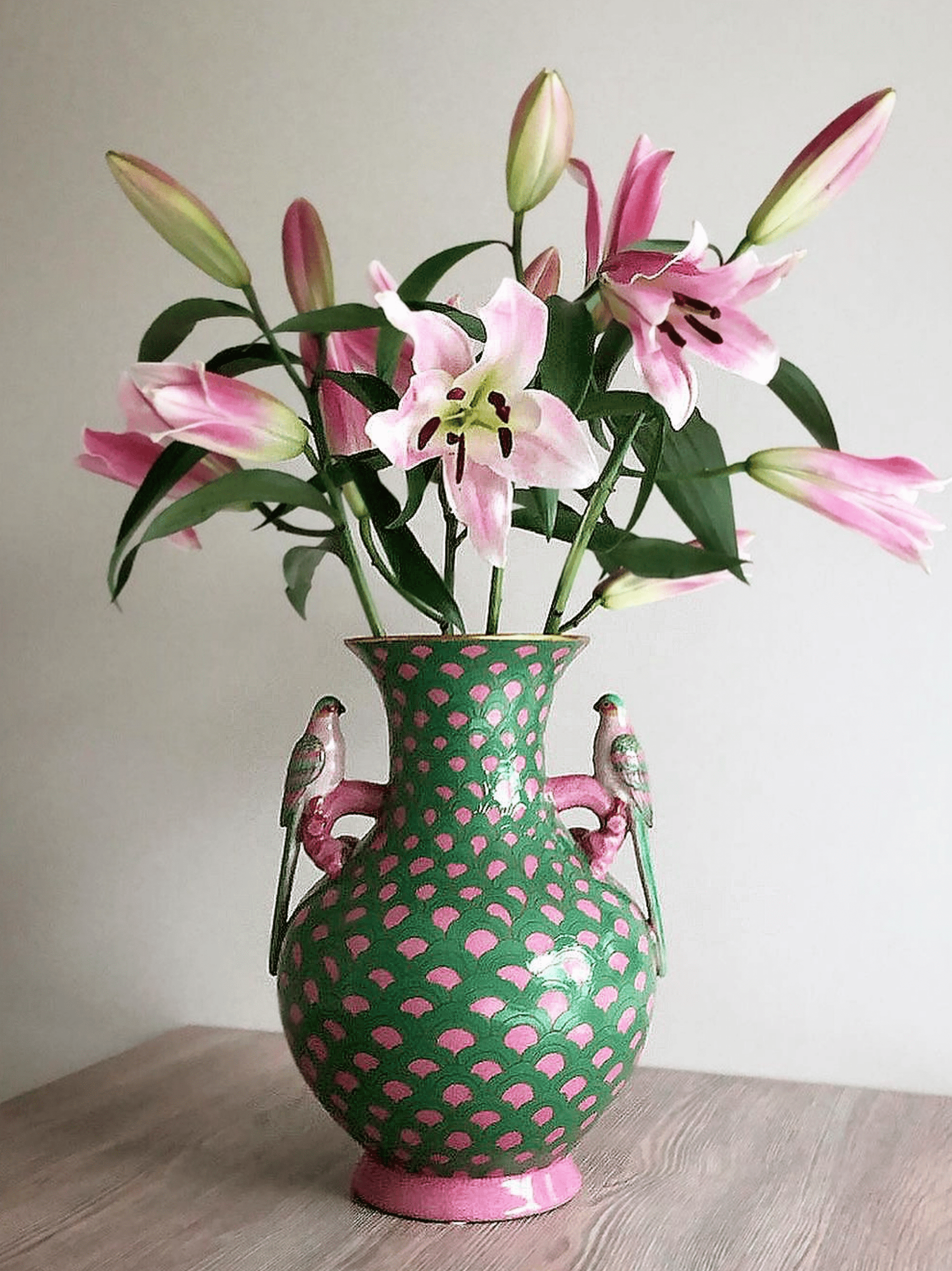Heirloom Pink and Green Print Bird Sculpture Fine Porcelain Vase by C.A.M