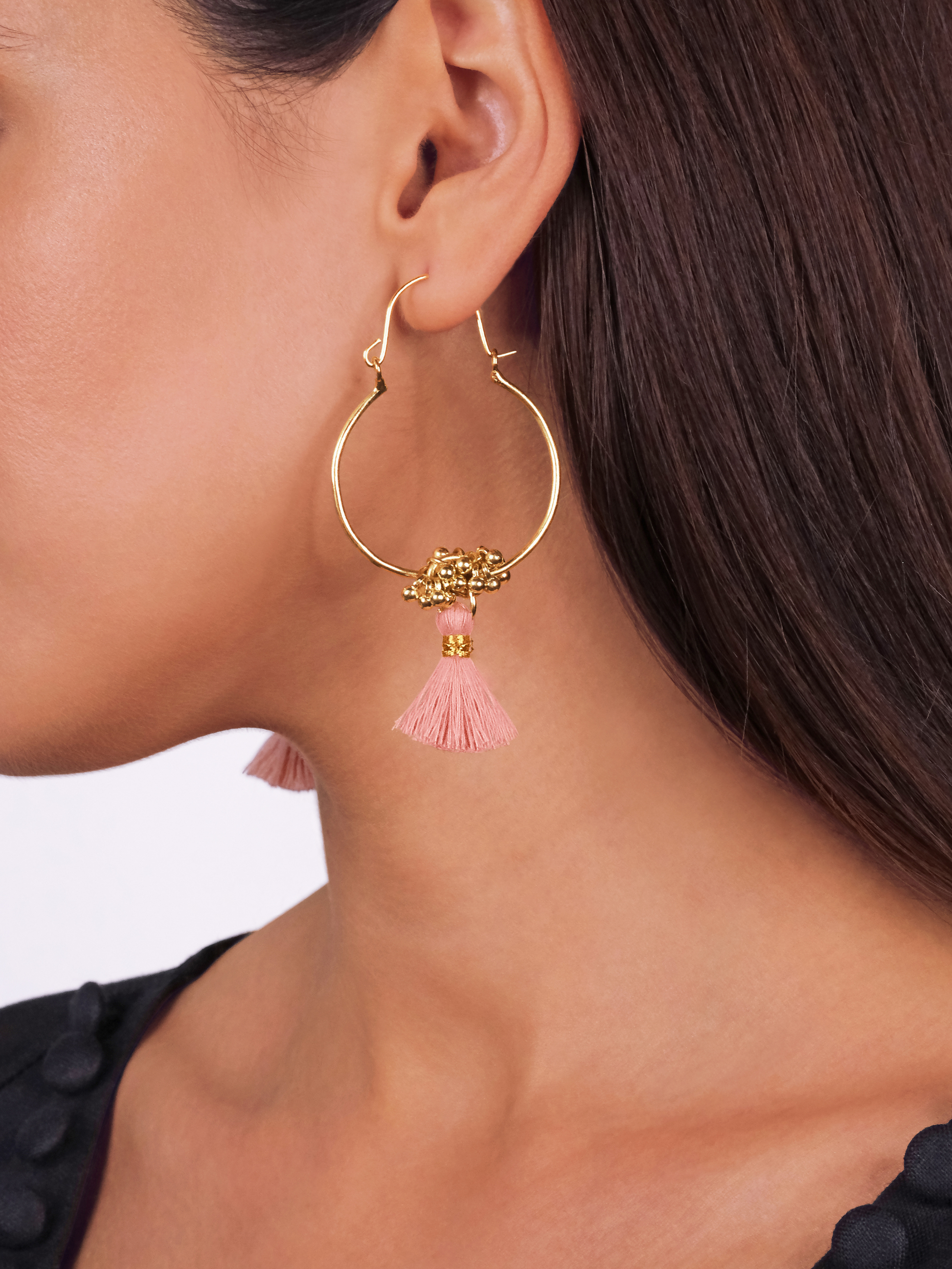 Stella Gold & Peach Tassel Hoop Earrings 7.5cm