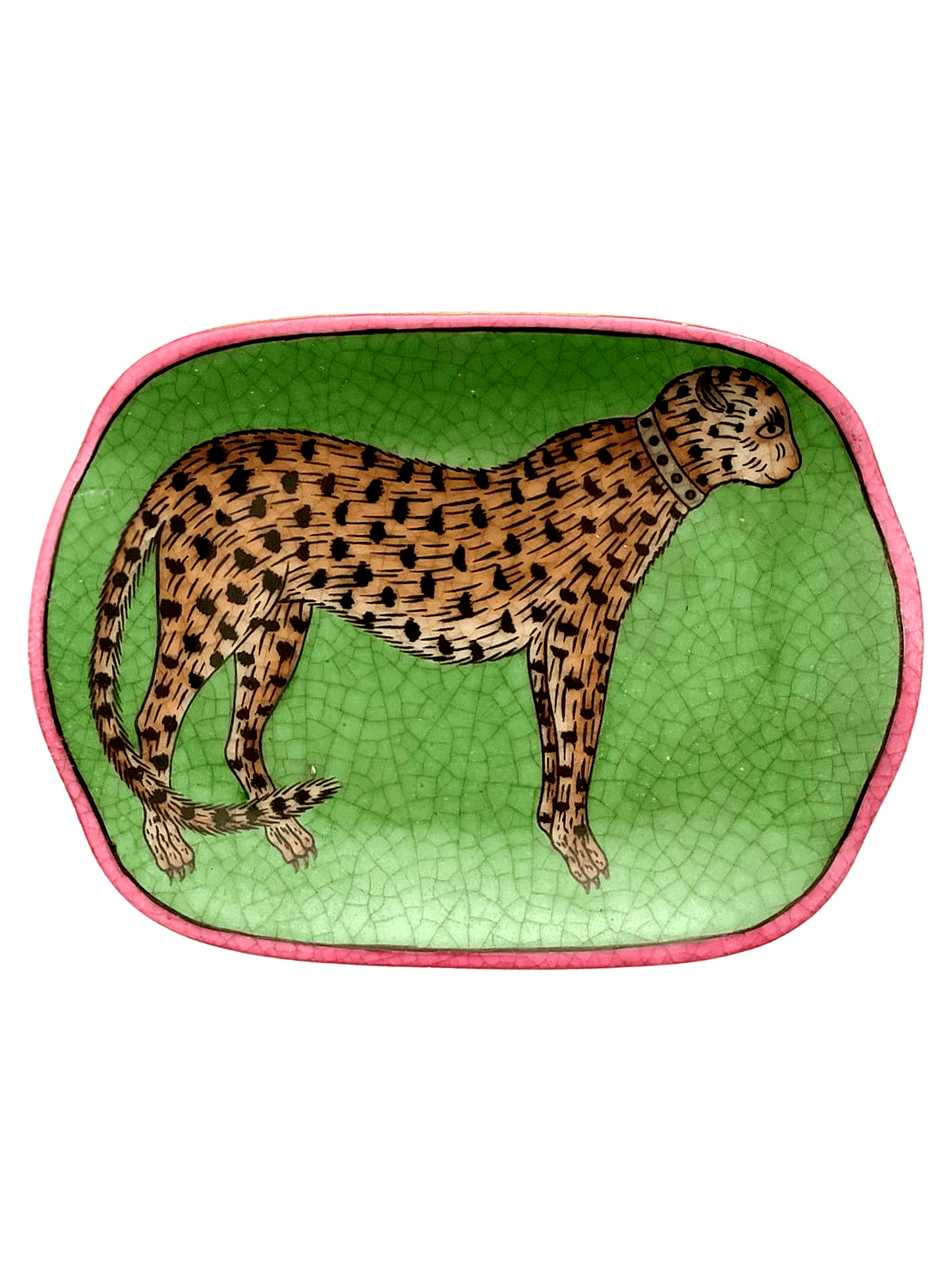 Fine Handmade Porcelain Soap Dish Green with Leopard Print