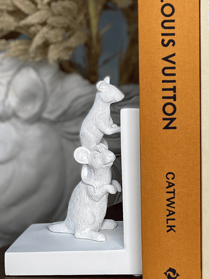 Set of 2 Animal Mouse Bookends White Resin 26cm