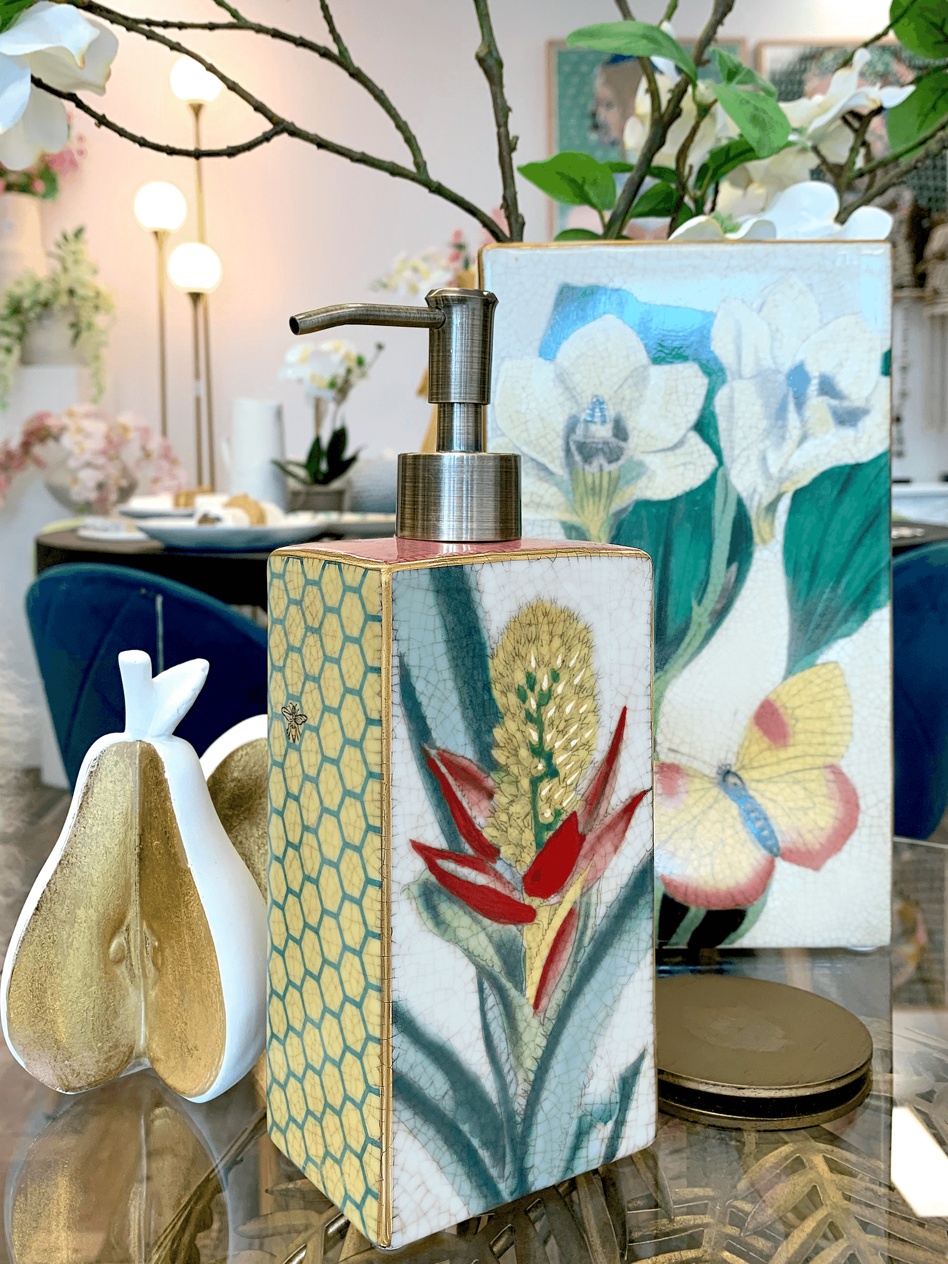 Fine Porcelain Soap Dispenser Palacio with Bromeliad Flower by C.A.M 22cm