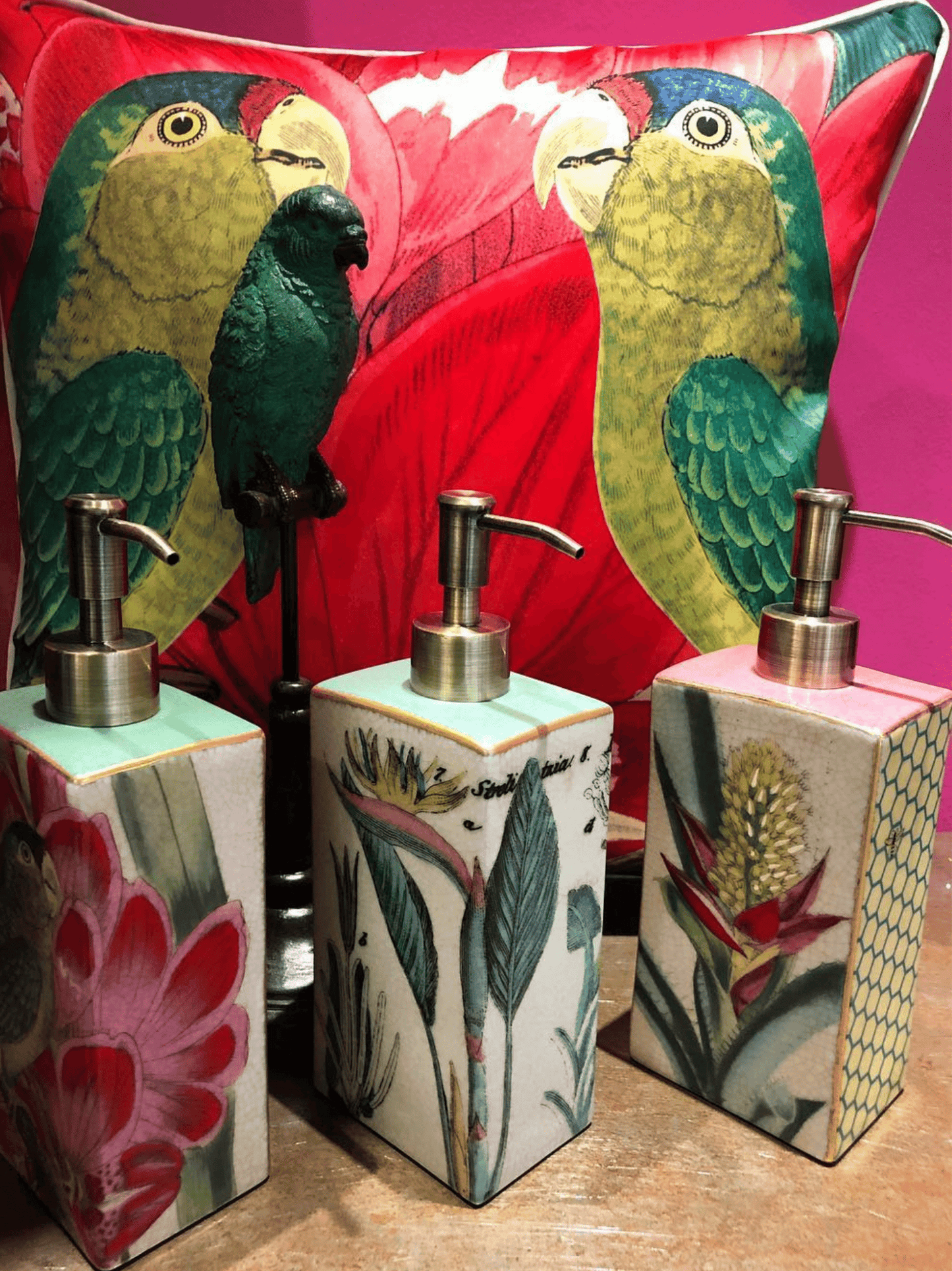 Colourful Porcelain Soap/Lotion Dispenser Palacio Bromeliad Flower by C.A.M 22cm