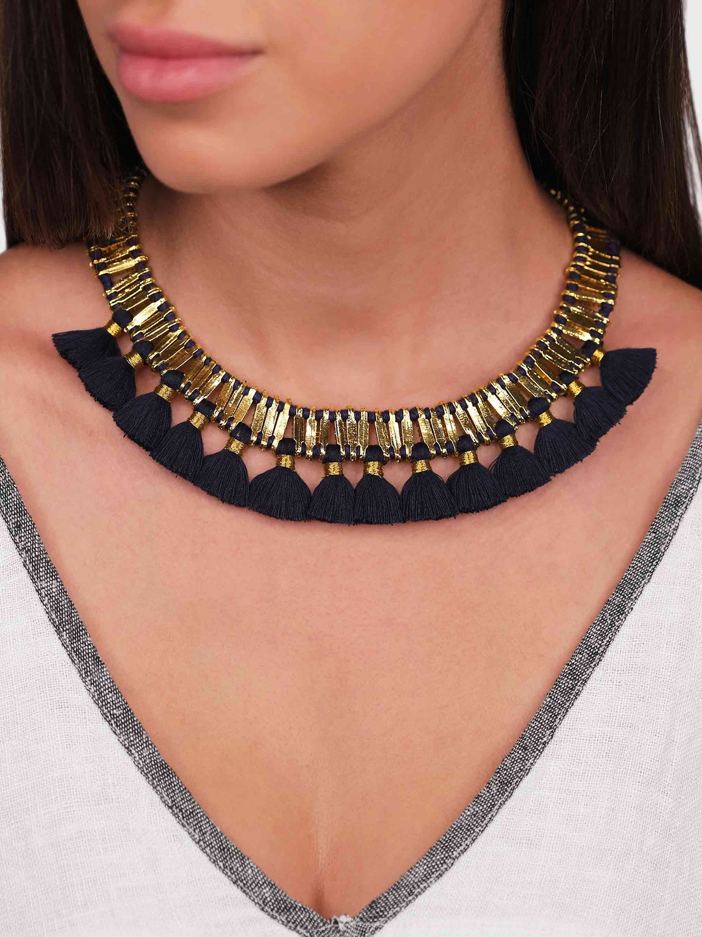 Women's Qabeela Tassel Choker Necklace Navy & Gold Tone