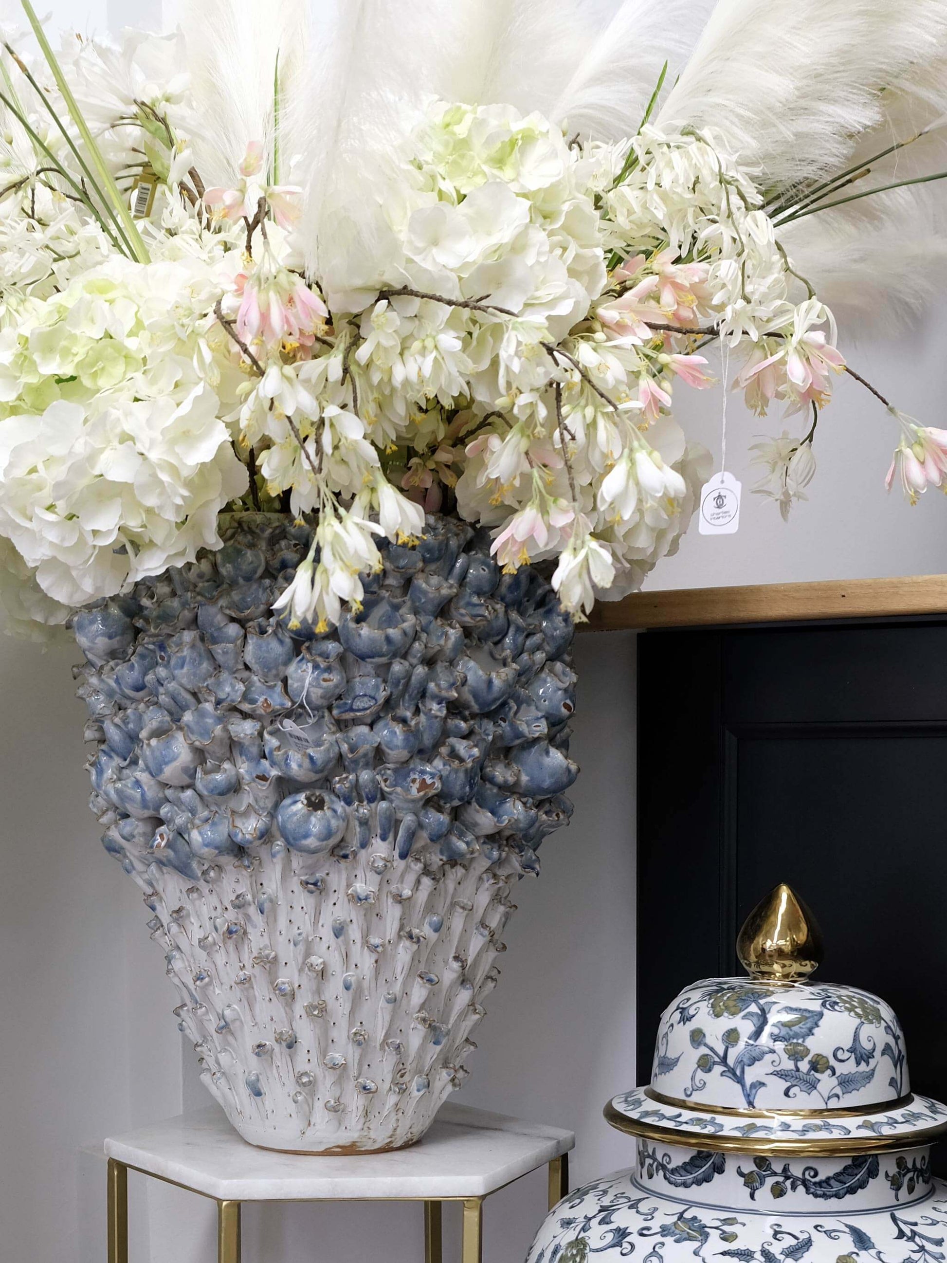 Vase Ceramic White with Hand-crafted Blue Flowers - Shop Charlies Interiors