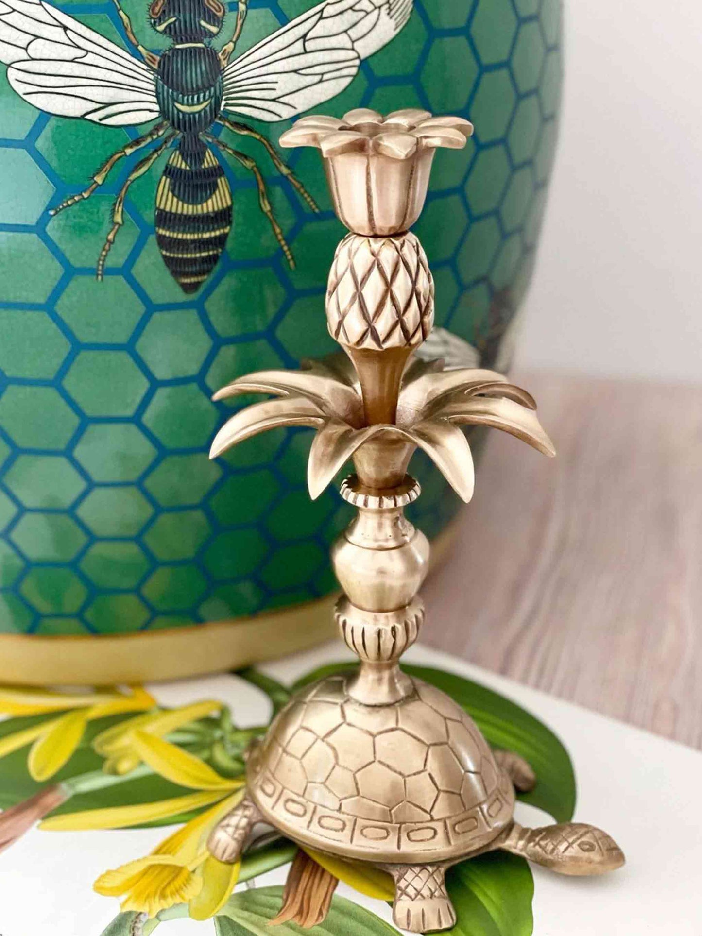 Vintage Brass Candle Holder Decorative in Pine Tortoise 24cm