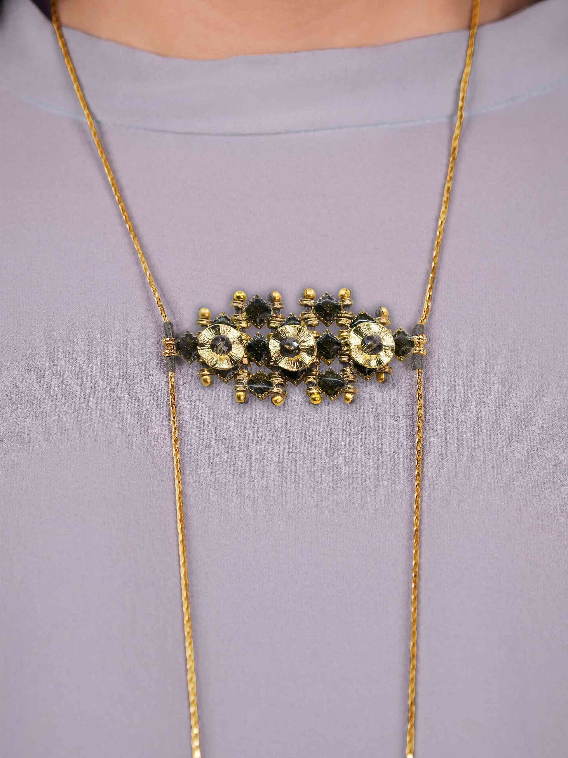 Gold and Black Tone Enamel Pendant Necklace