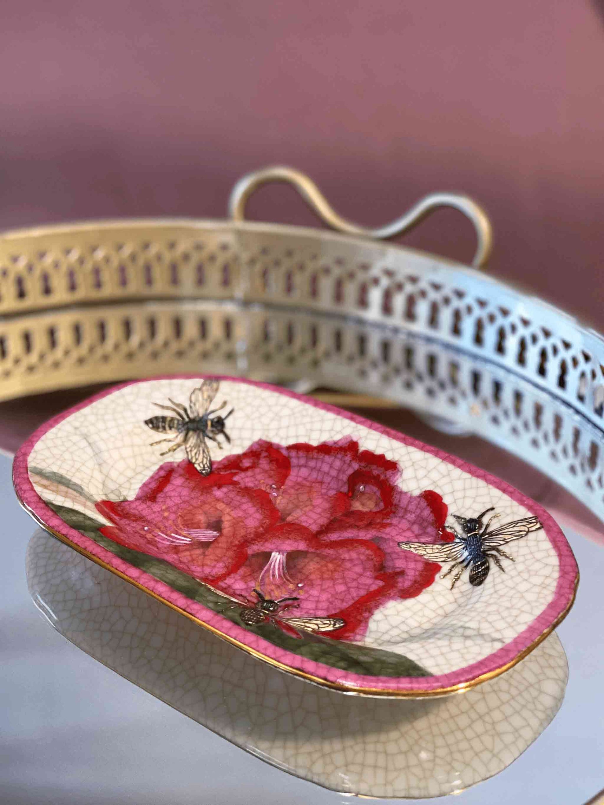 Pink Porcelain Soap Dish with floral bee print