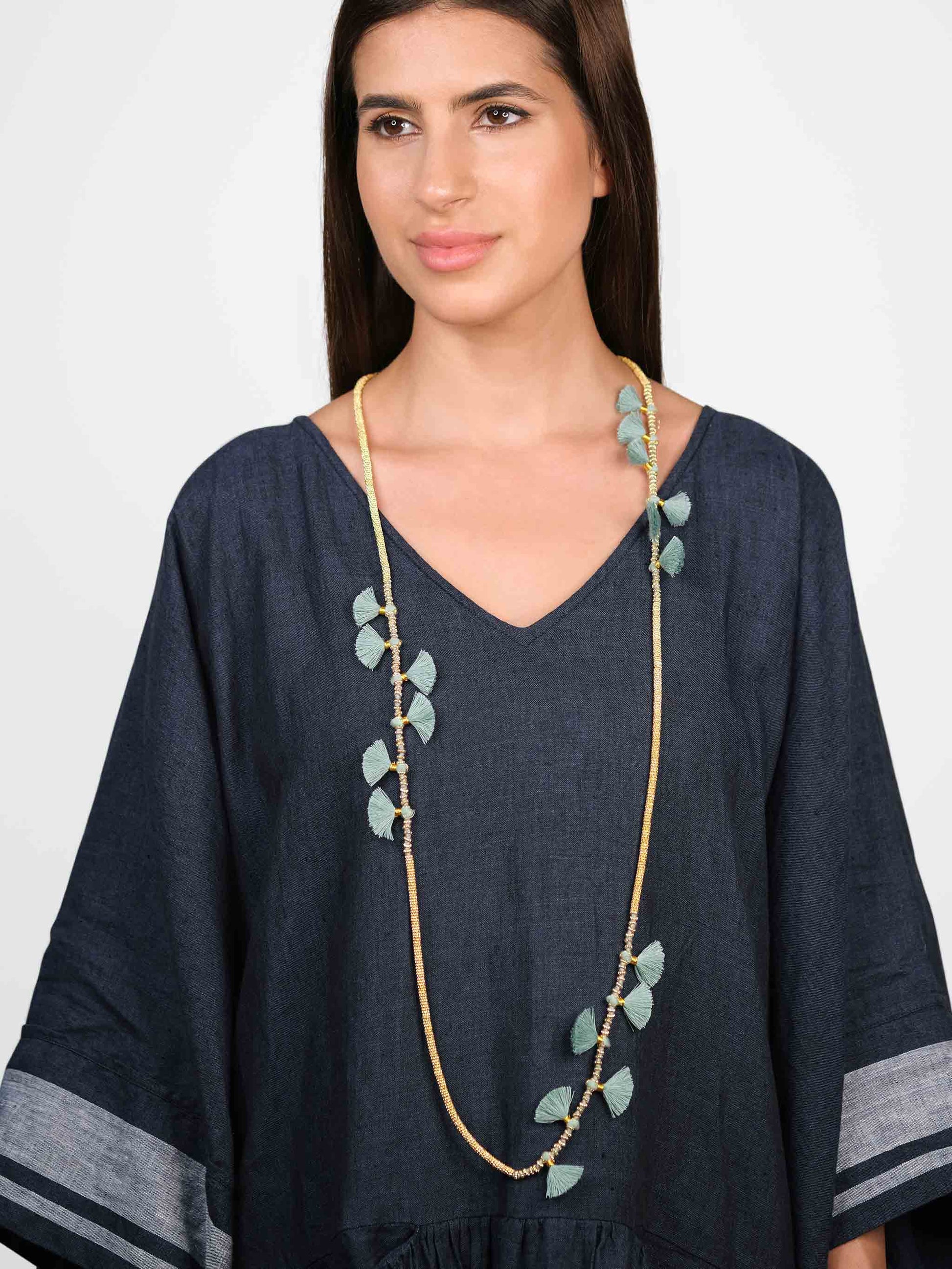 Boho Gold Tone Long Necklace with Teal Blue Tassels