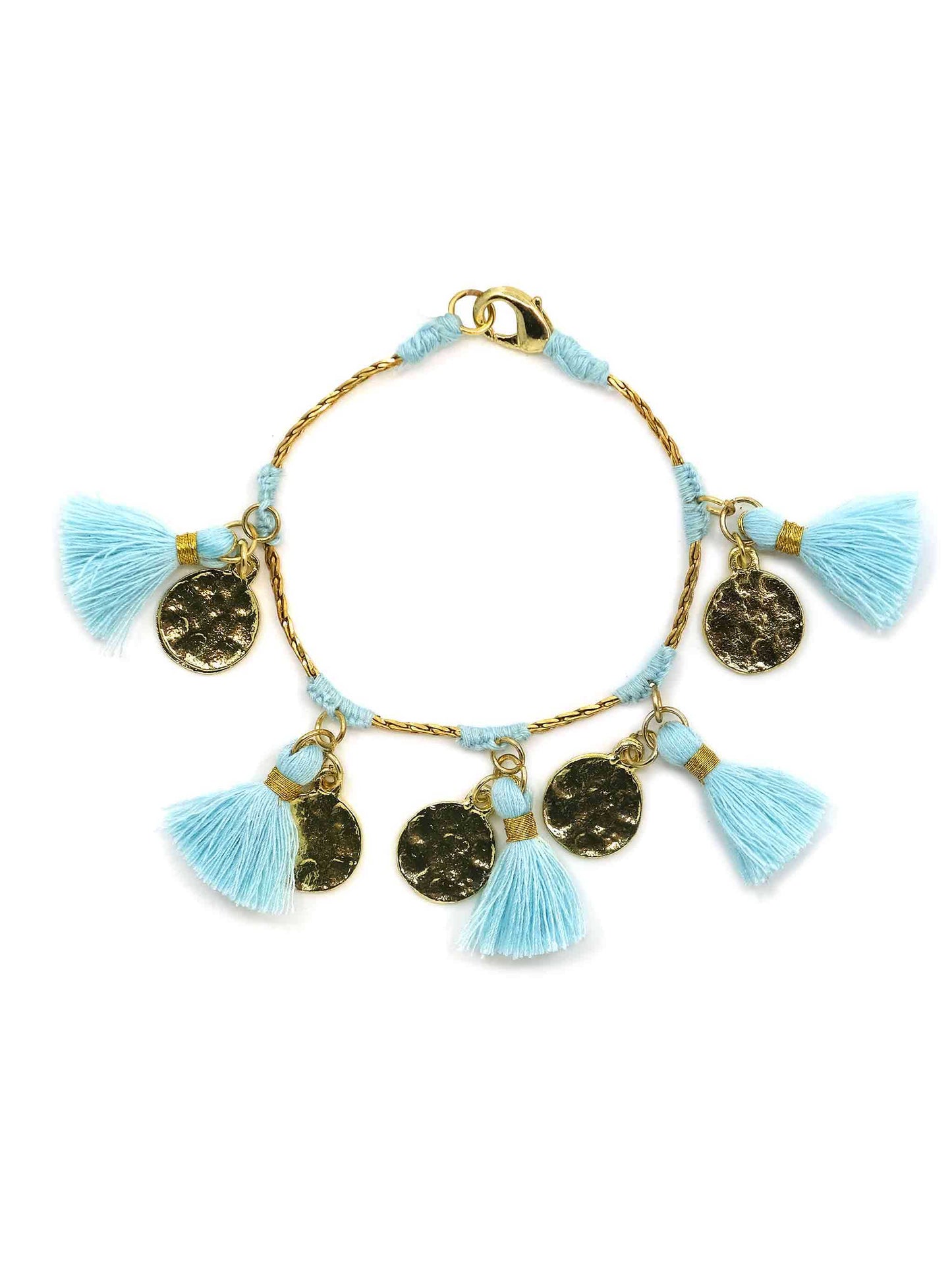 Bohemian glam in gold and candy blue fringe bracelet with stylish coin detailing.