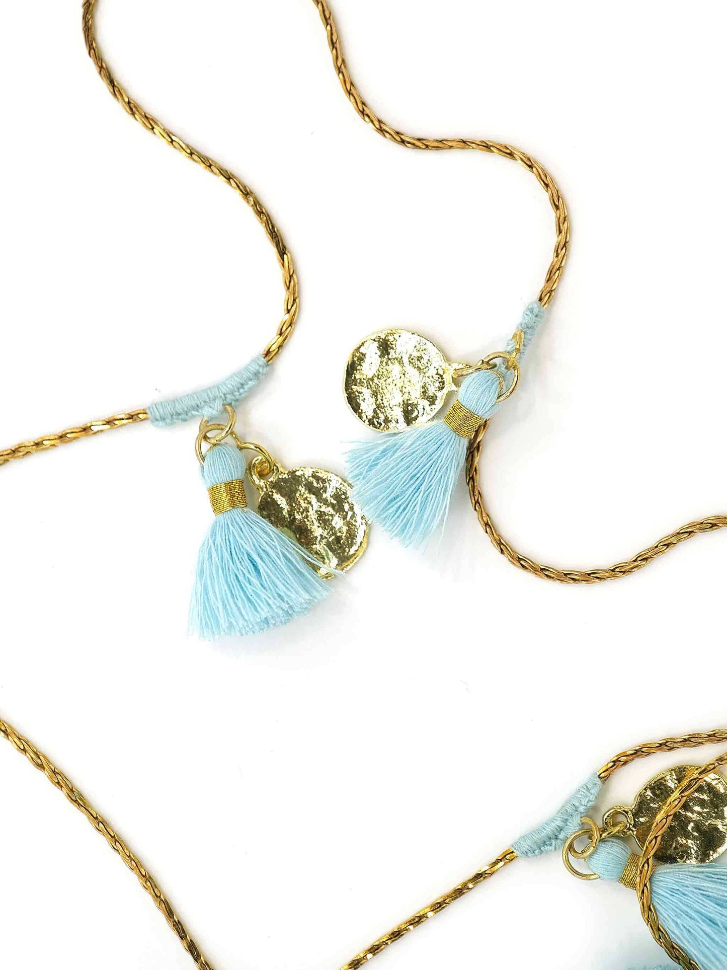 Boho Glam Forever Fringe Long Gold Necklace with Candy Blue Tassels