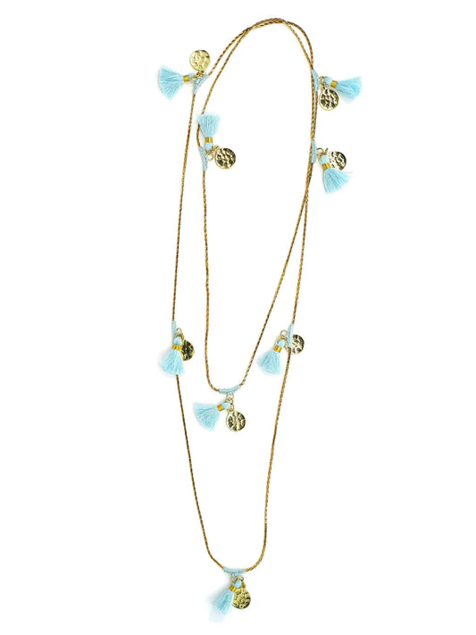 Forever Fringe Bohemian Blue Long Gold Necklace with Candy Blue Tassels